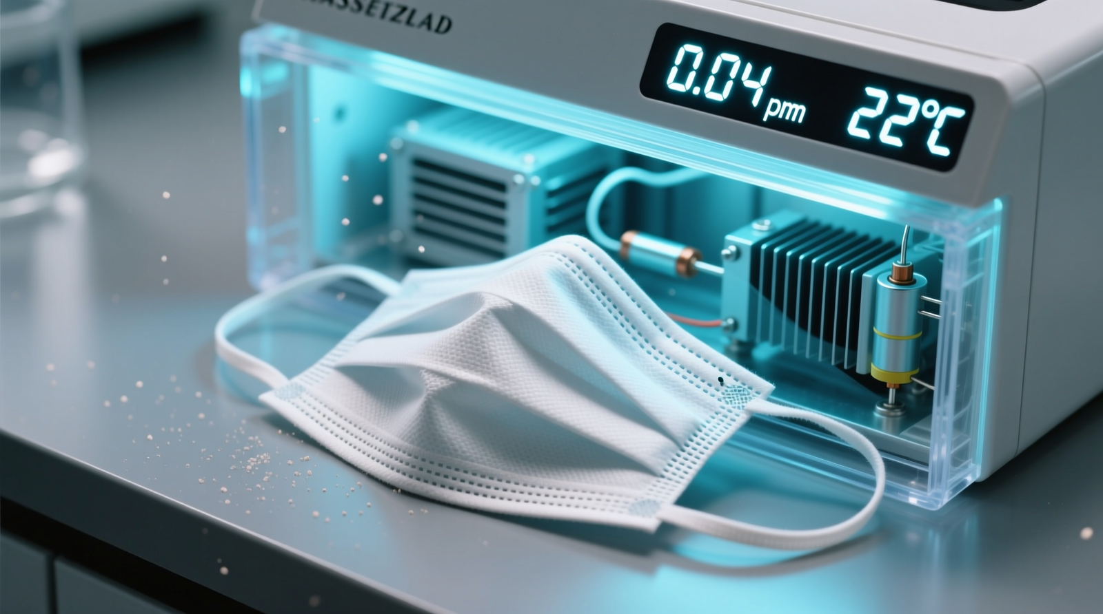 Close-up photograph of reusable cloth face mask straps resting loosely inside a compact cold ozone chamber, with digital display showing 0.04 ppm ozone concentration and 22°C ambient temperature