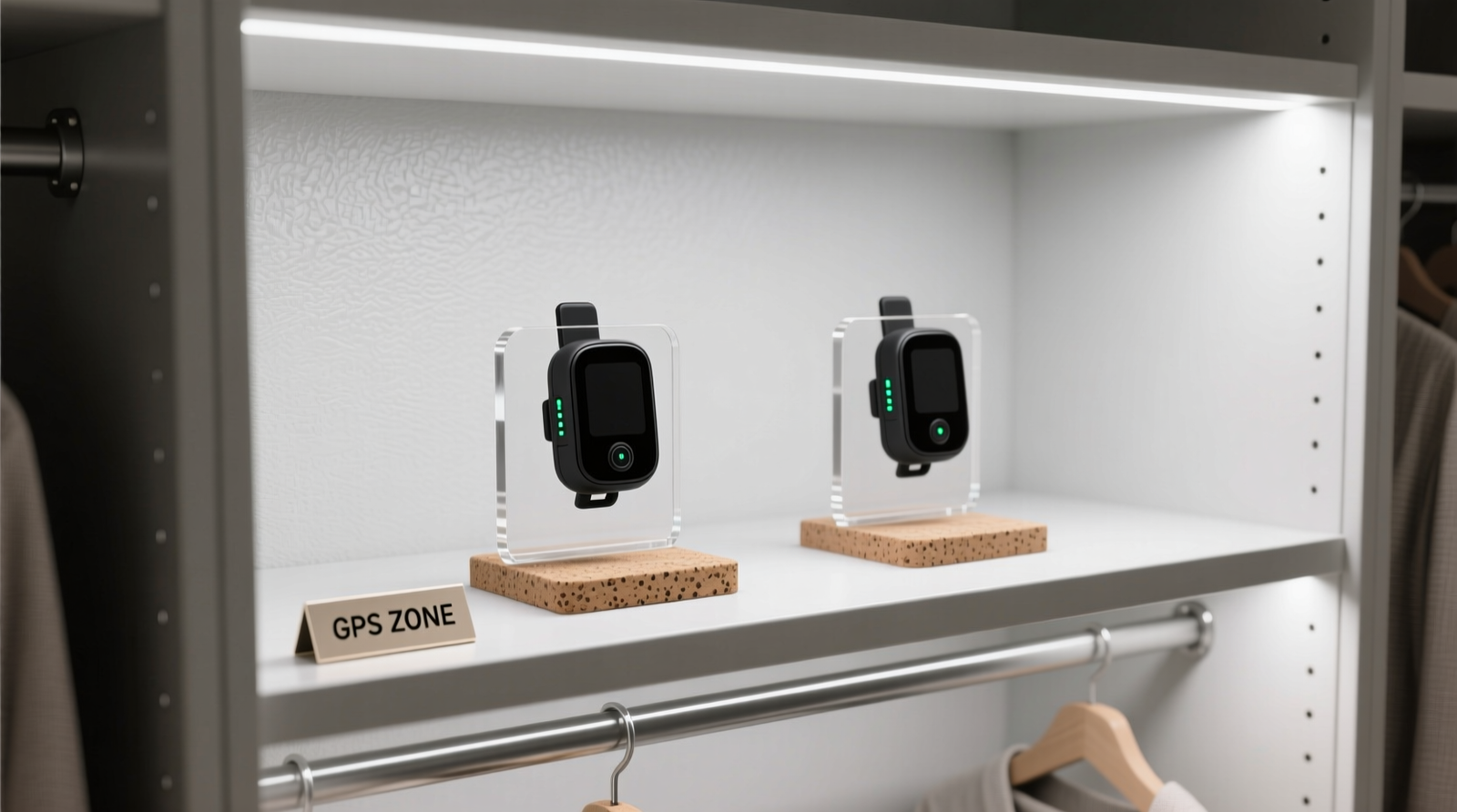 A well-organized closet interior showing a ventilated upper shelf with two pet GPS trackers mounted on cork-acrylic stands, clear spacing around each unit, and a small labeled 'GPS ZONE' sign visible beside them. No fabric, metal, or enclosed containers are present.