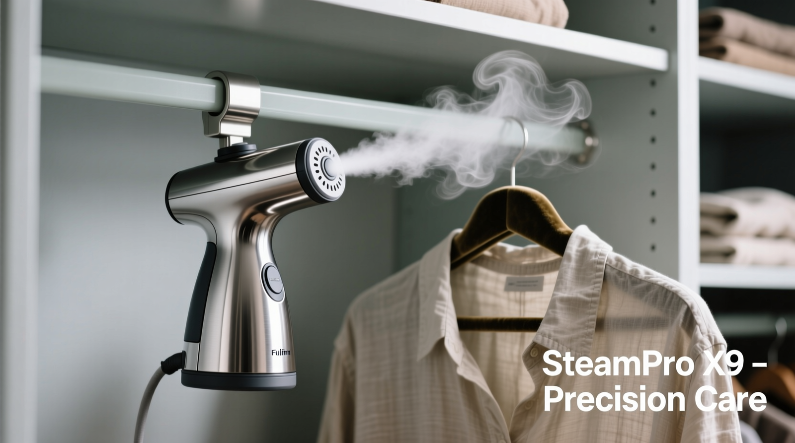 Close-up of a brushed stainless steel garment steamer mounted securely to a melamine closet shelf, angled downward at 15 degrees, with a lightweight linen shirt draped on an adjacent velvet hanger—steam visibly rising from the nozzle