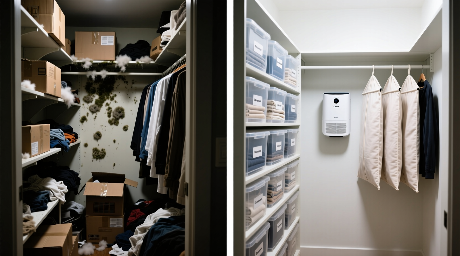Side-by-side comparison: left shows a cluttered closet with visible lint buildup and damp cardboard boxes; right shows an organized closet with labeled plastic bins, a compact dehumidifier on a shelf, and cotton garment bags hanging neatly—no air purifier visible