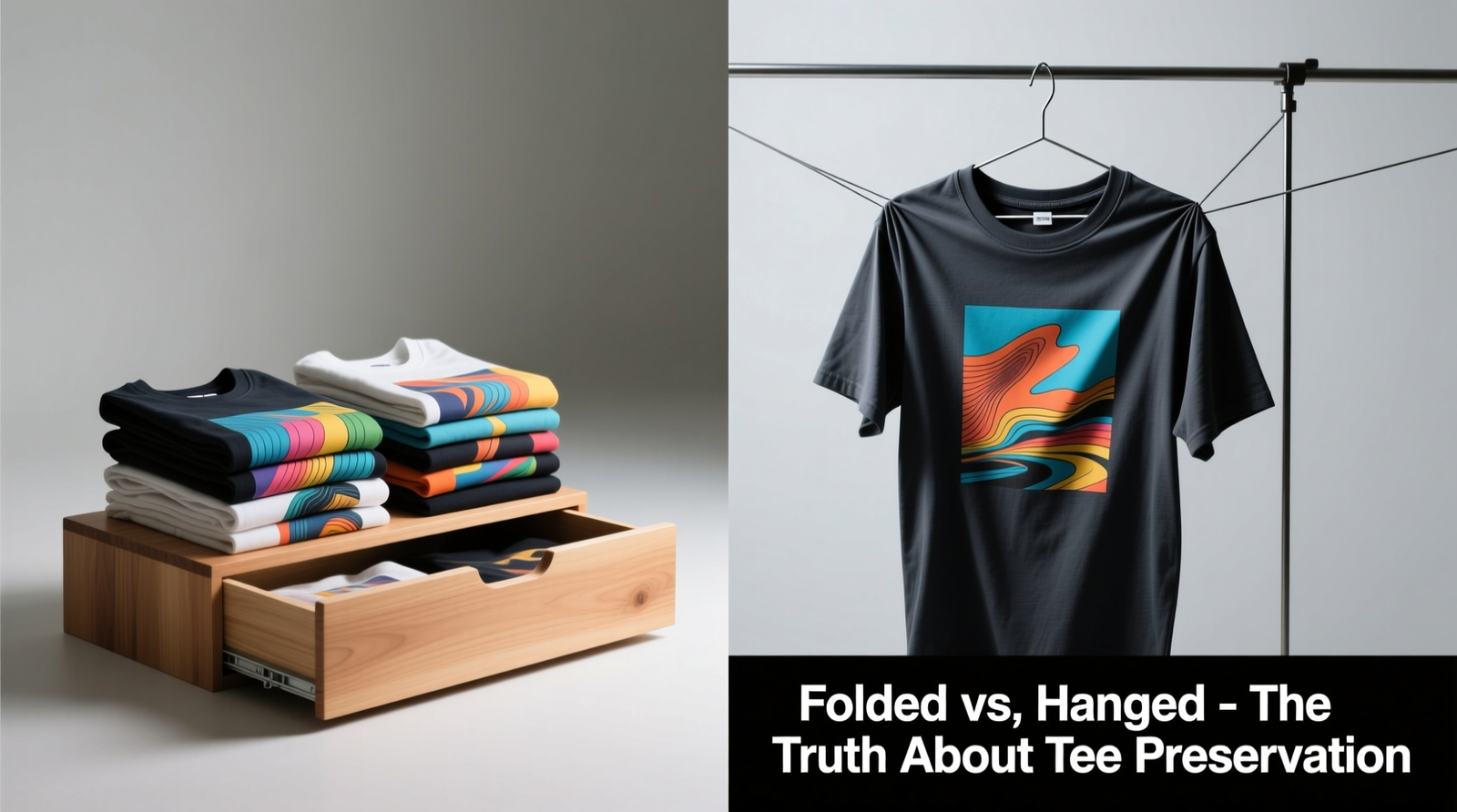 Side-by-side comparison showing proper file-folded graphic tees standing upright in a shallow maple drawer versus stretched, shoulder-distorted graphic tees hanging on thin wire hangers