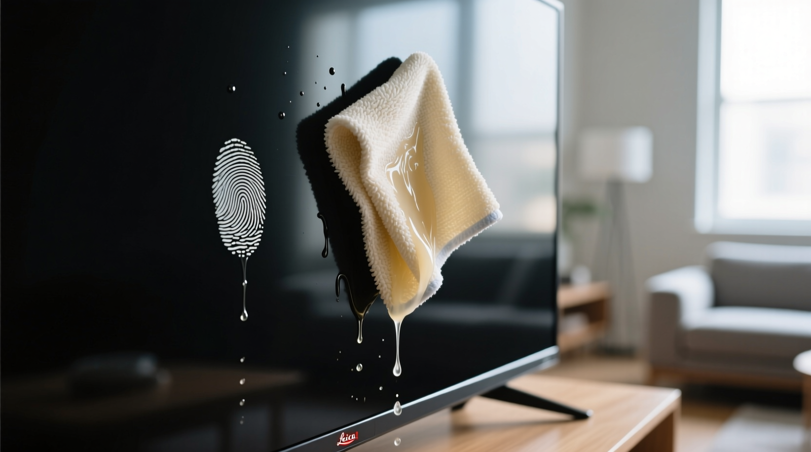 Close-up photo showing a folded microfiber cloth dampened with fermented rice water gently wiping an OLED TV screen in a single downward motion, with visible fingerprint smudge lifting cleanly without streaks or glare distortion