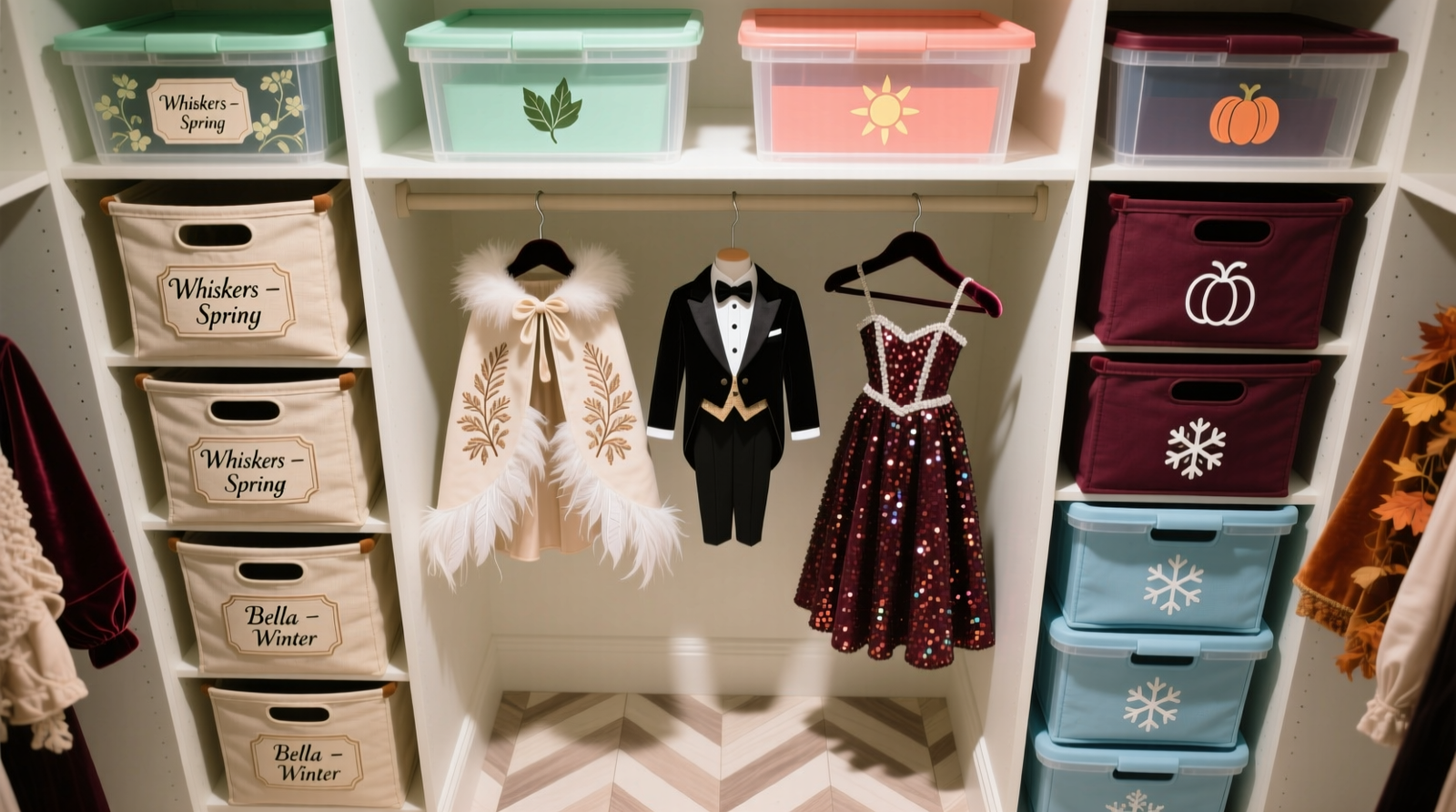 A well-lit, shallow-depth closet showing pet costumes hung on wooden hangers inside off-white cotton garment bags, with discreet beige silica gel pouches resting on shelf edges and a small digital hygrometer visible on the top shelf