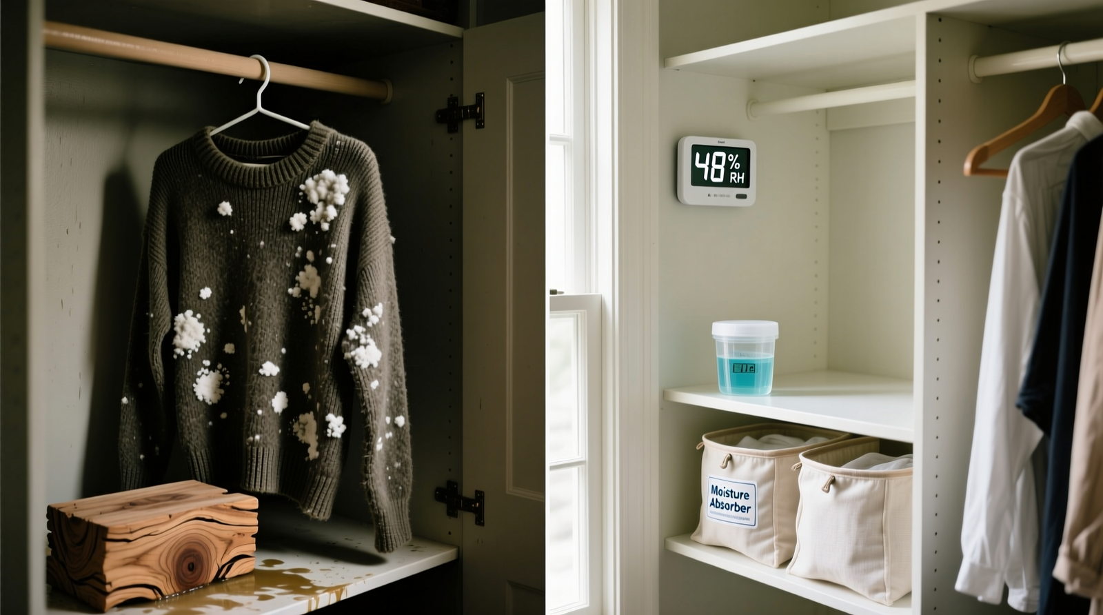 Side-by-side closet interiors: left shows damp wool sweater with visible white mold spots and warped cedar block; right shows same closet with digital hygrometer mounted at eye level, silica gel canister on shelf, and breathable cotton garment bags