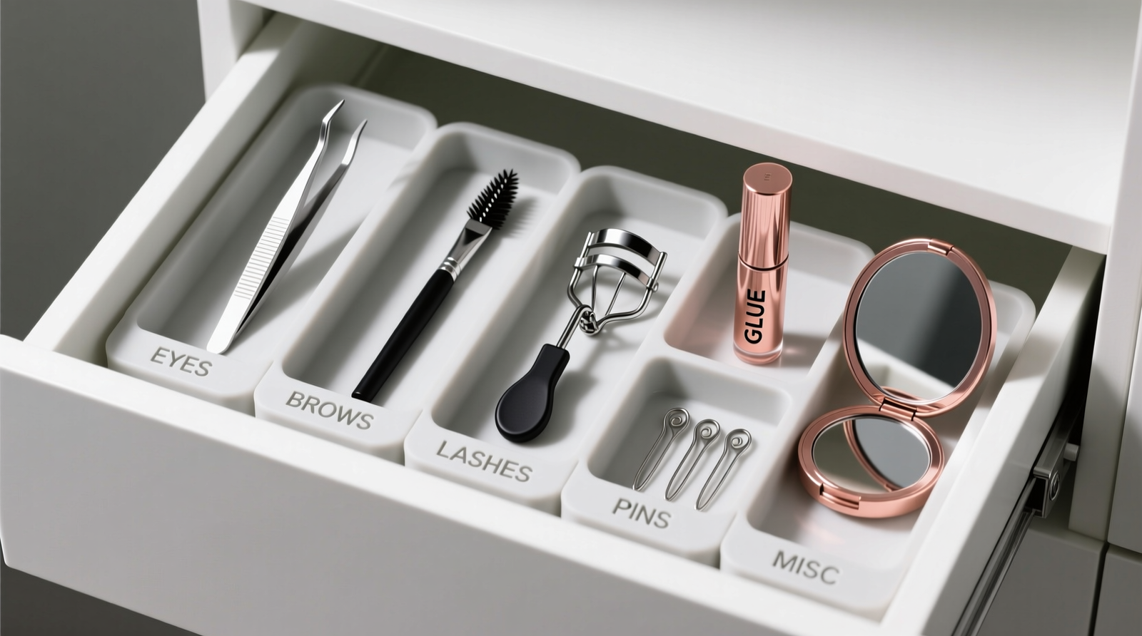 Overhead view of a transformed shallow coat closet: a clean, white floating shelf holds a hair dryer, ceramic flat iron, and round brush; behind it, vertical acrylic dividers separate combs, curling wands, and styling sprays; a recessed outlet sits just below the shelf with neatly coiled cords secured by fabric straps.