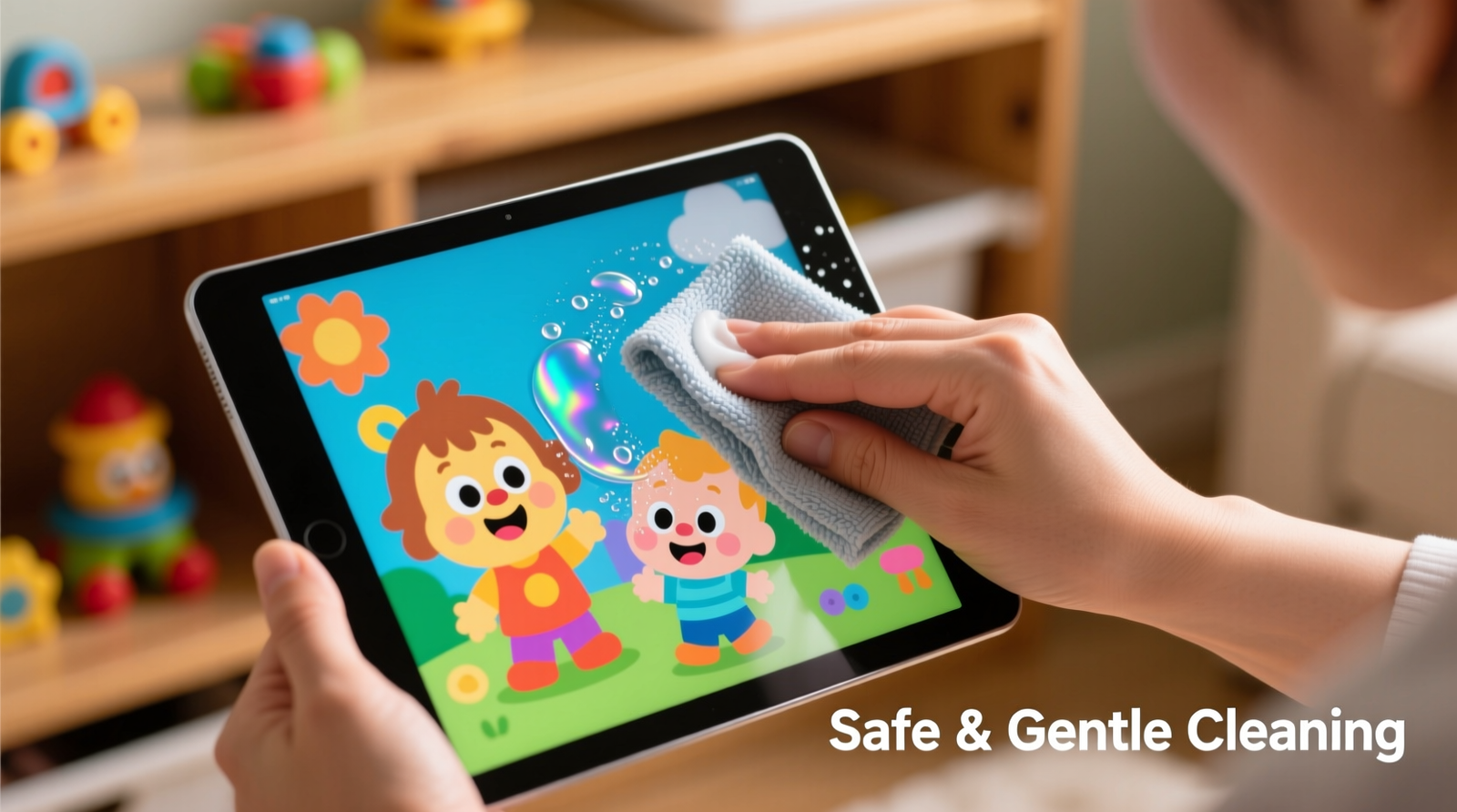 Close-up photo showing a caregiver using a folded microfiber cloth lightly misted with colloidal silver solution to wipe a brightly colored toddler tablet screen, with soft natural lighting and no visible drips or streaks