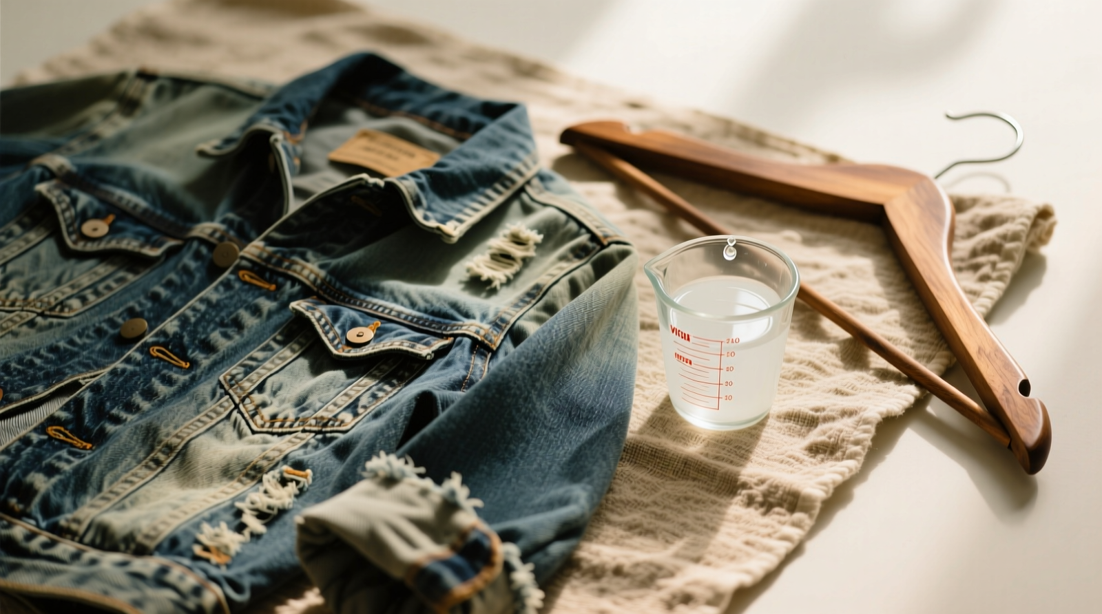 A faded blue denim jacket hanging on a wooden clothesline in dappled shade, with a glass jar of raw apple cider vinegar and a ceramic bowl of baking soda placed nearby on a sunlit porch step