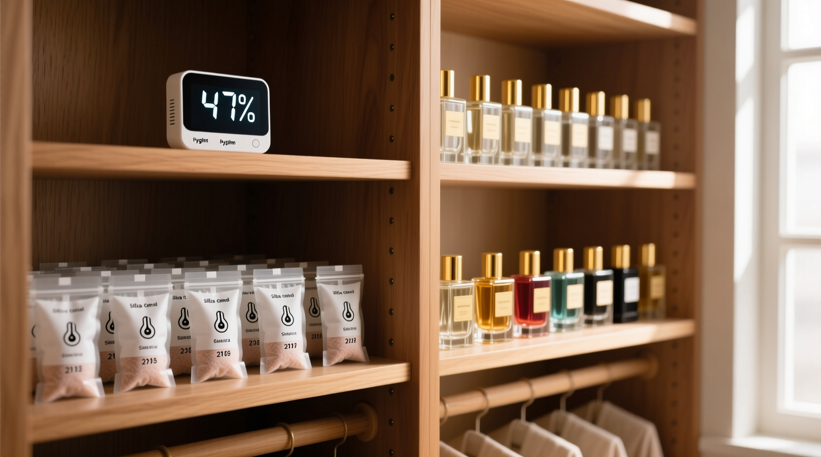 A well-organized closet showing labeled silica gel pouches on wooden shelves beside neatly arranged perfume bottles, with a small digital hygrometer visible on the top shelf displaying '47%'