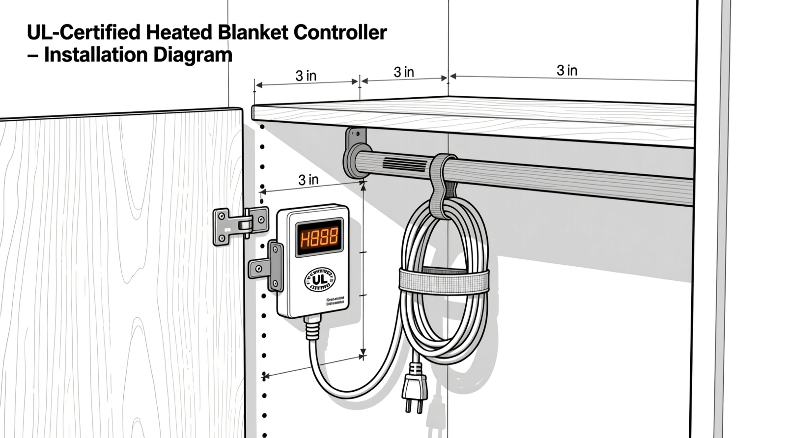 Side-by-side comparison: left shows a heated blanket controller secured upright in a ventilated plastic bin with neatly coiled cord using over-under technique; right shows same controller buried under folded blankets in a closed wooden drawer, with tightly knotted cord visible at the edge