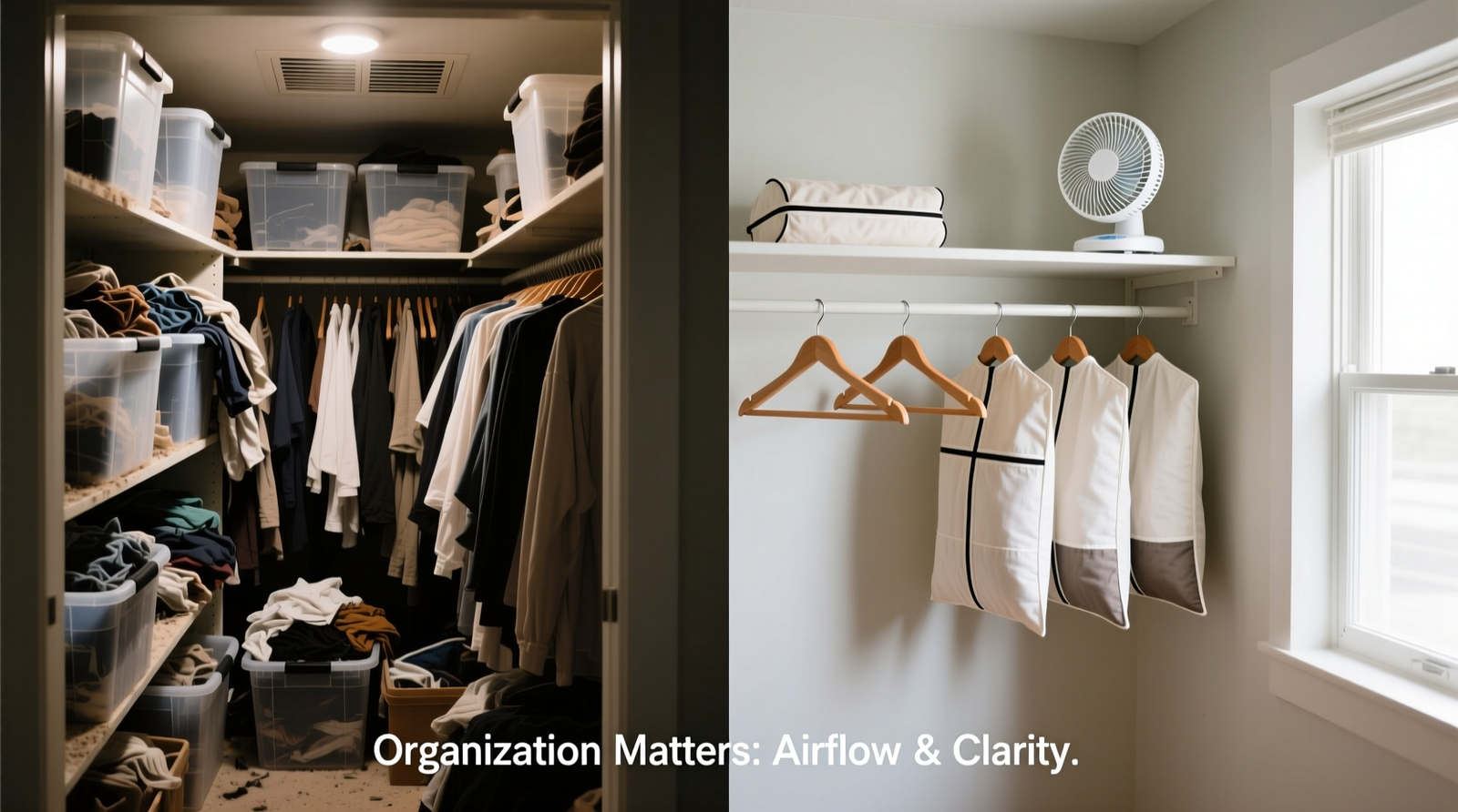 Side-by-side comparison: a cluttered closet with plastic bins and no airflow versus an organized closet featuring cotton garment bags, spaced hangers, and a small fan mounted discreetly on the top shelf