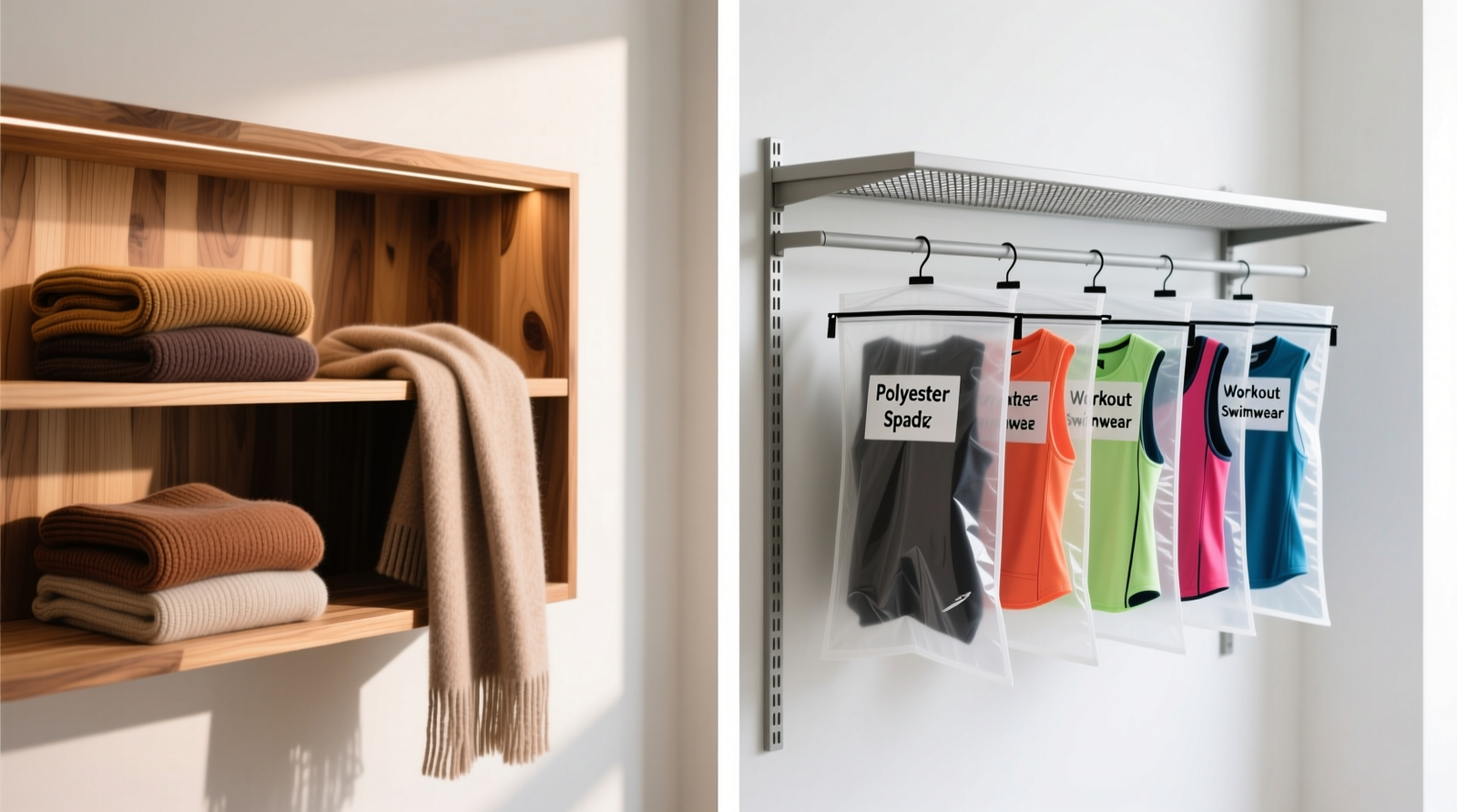 Side-by-side comparison: left side shows cedar-lined shelf holding folded wool sweaters and cashmere scarves; right side shows ventilated mesh shelf with labeled polypropylene garment bags containing synthetic workout sets and swimwear