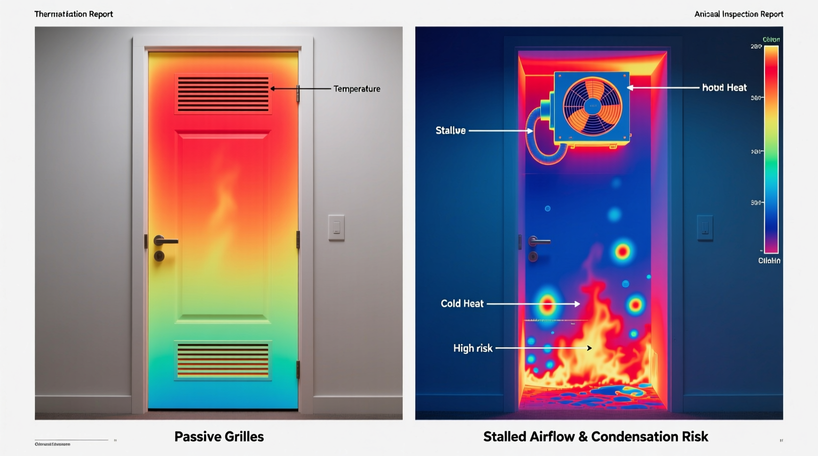Cross-section diagram showing a closet wall with a ducted ventilation fan exhausting moisture-laden air through insulated rigid duct to exterior, while passive grille placement near floor is labeled 'ineffective' due to thermal stratification