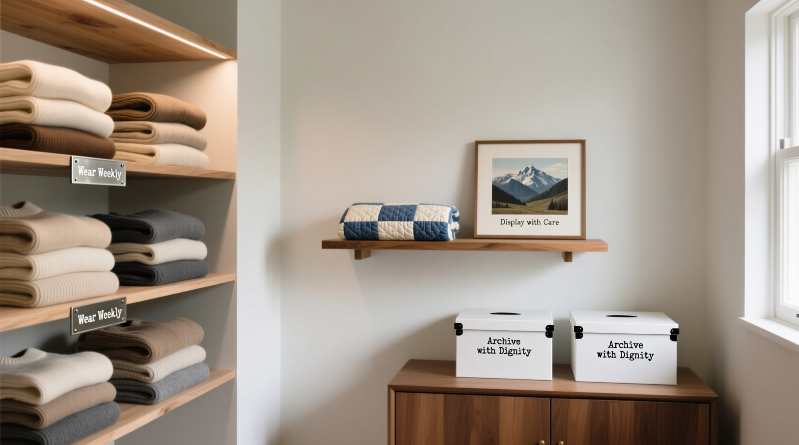 A minimalist closet with three distinct zones: left side shows 15 folded sweaters on wooden shelves (Wear Weekly), center features a floating oak shelf holding a vintage quilt and framed postcard (Display with Care), right shows two labelled archival boxes on a low, closed cabinet (Archive with Dignity)