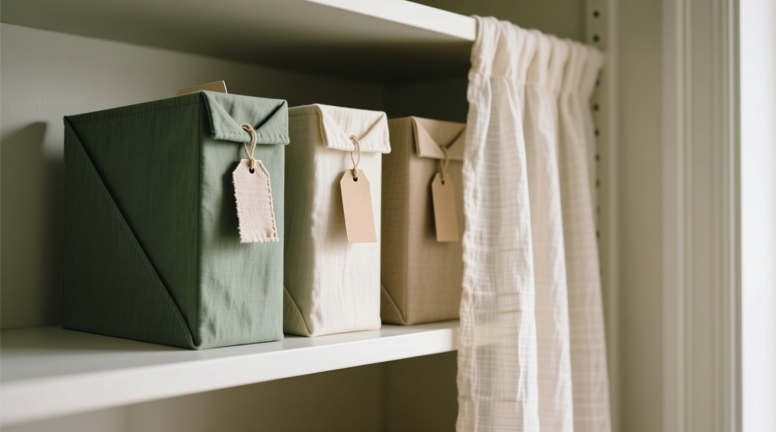 A narrow closet shelf with three fabric-covered hanging file folders in muted sage, cream, and oat tones; each has a small, unmarked linen tag folded at the tab; a lightweight linen curtain partially conceals the shelf