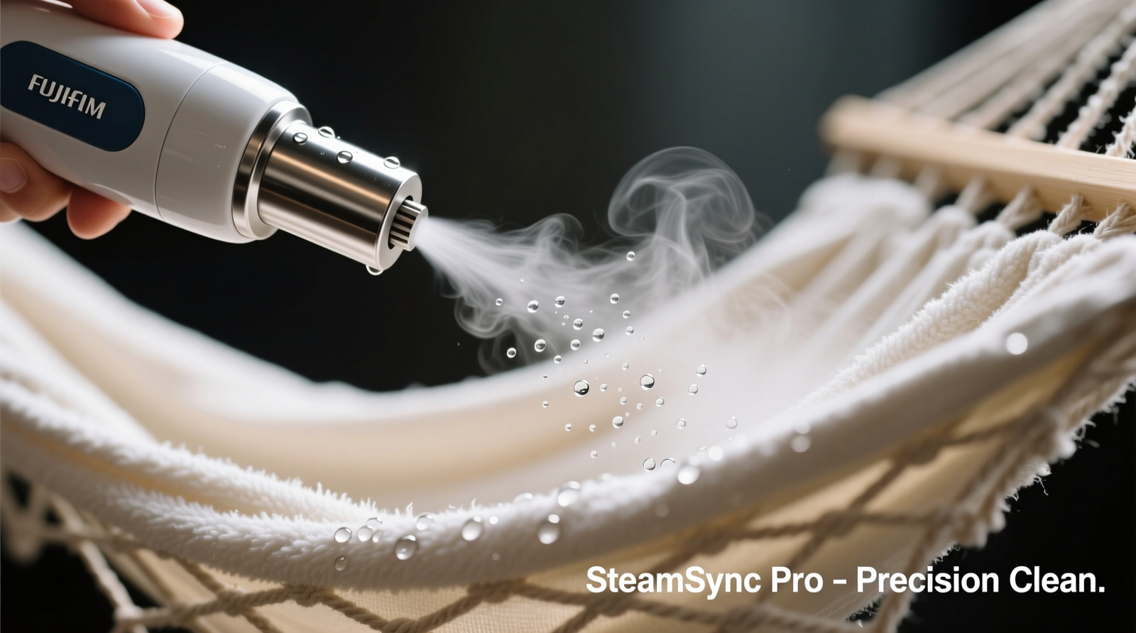Close-up of a handheld steam vapor cleaner nozzle gliding evenly across a stretched cotton-terry ferret hammock, with visible micro-condensation dissipating instantly upon contact