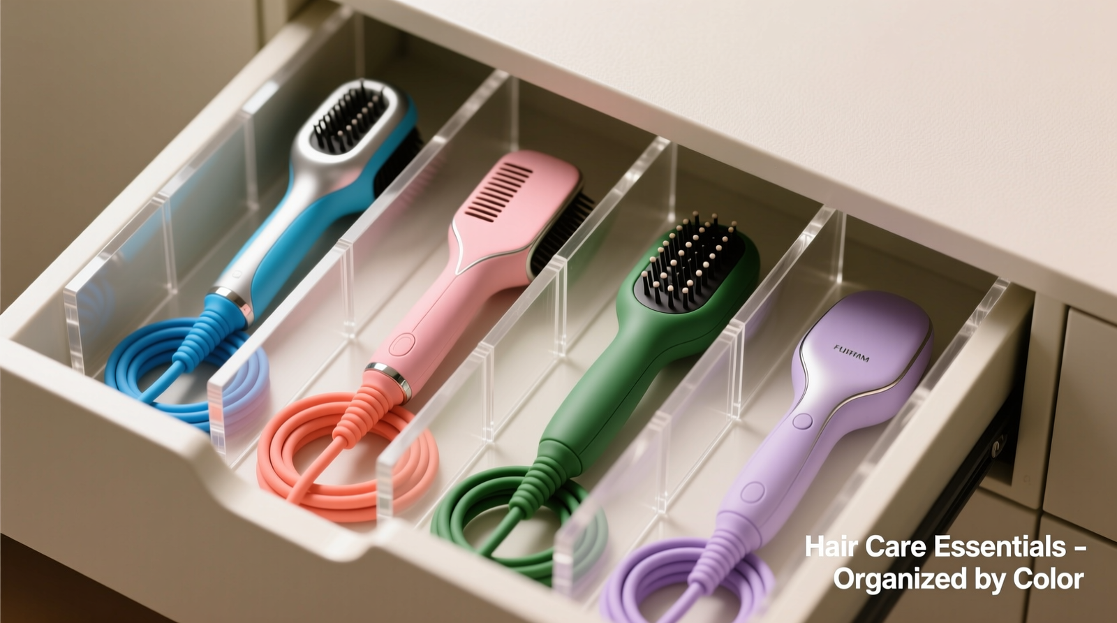 Close-up of a white closet cabinet interior showing three vertical, spaced-apart metal brackets holding a hair dryer, flat iron, and curling wand—all upright, with neatly coiled cords feeding down into discreet floor-mounted reels. A small ventilation grille is visible in the upper rear panel.