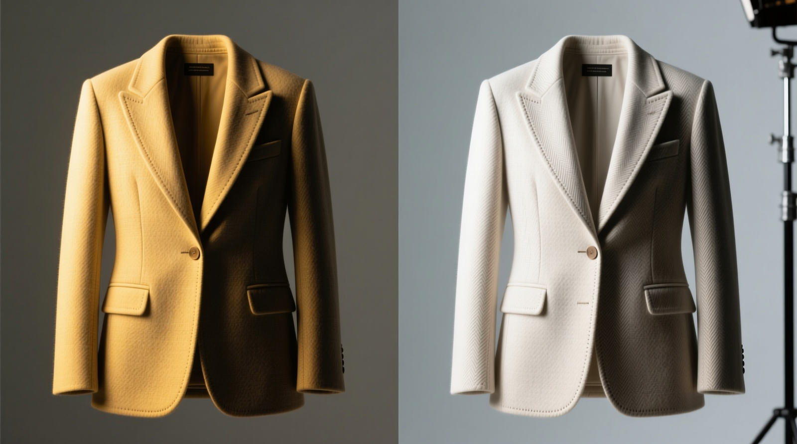 Side-by-side comparison showing identical clothing items under 2700K warm light (washed-out, yellow-tinged) versus 5000K/CRI95 lighting (vibrant, dimensionally accurate tones with clear fabric texture)