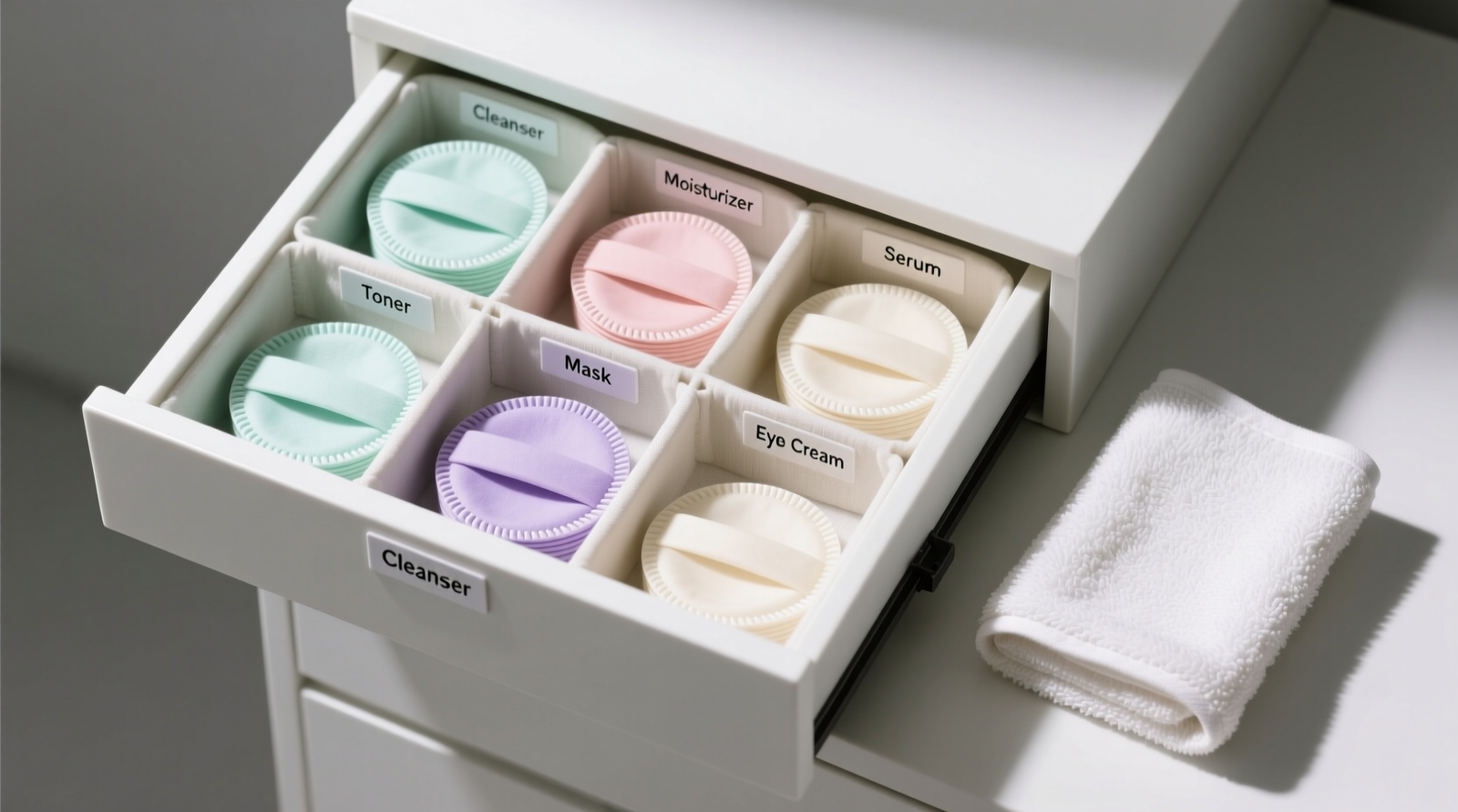Three-tier closet shelf showing labeled ceramic jar (‘Clean’), linen-lined bin (‘Used’), and wall-mounted mesh drying rack with freshly rinsed bamboo rounds laid flat