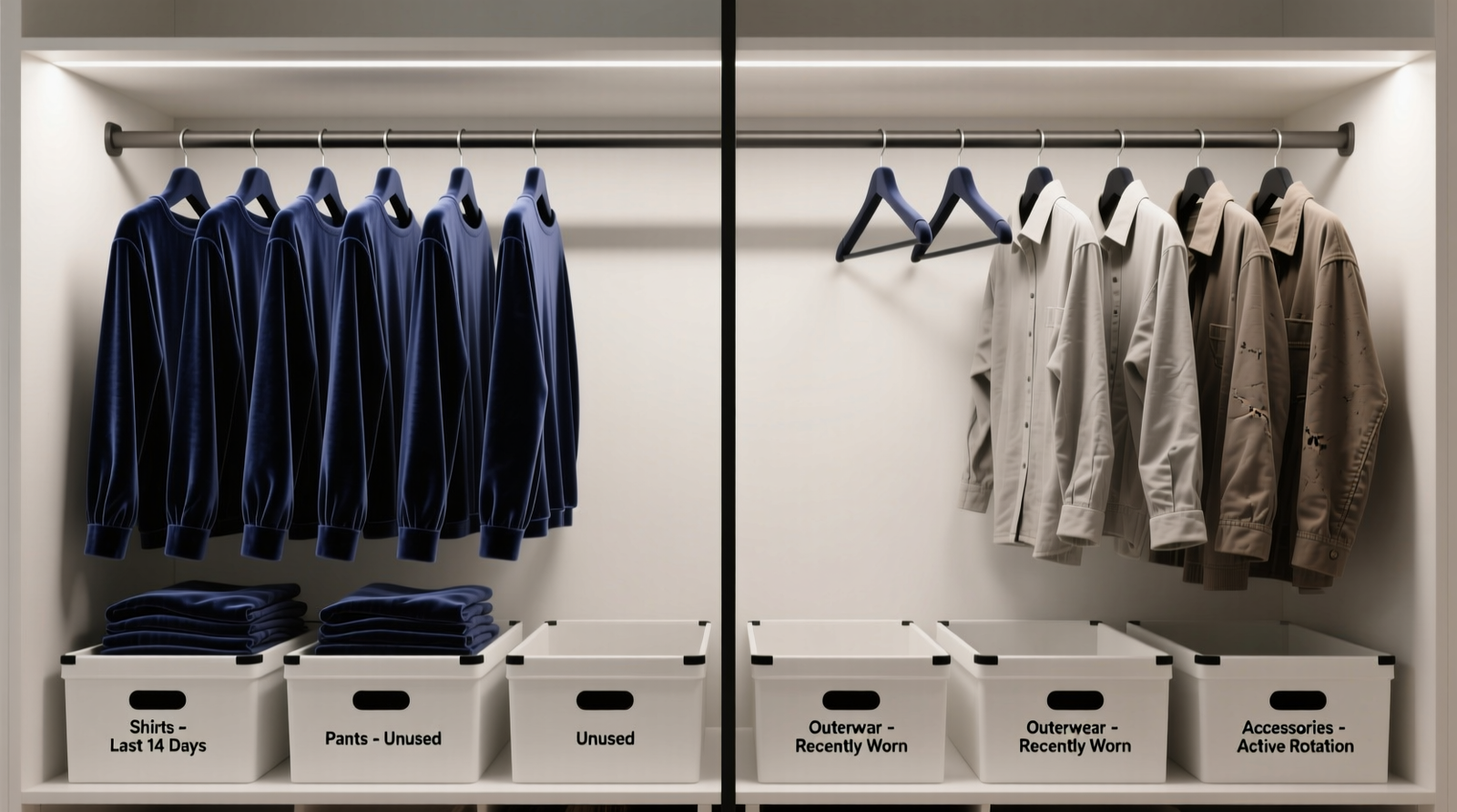 A minimalist closet showing three clearly labeled hanging zones: 'Work Confidence' (navy blazers, crisp shirts), 'Errand Ease' (stretchy pants, soft tees), and 'Weekend Reset' (linen shorts, wide-brim hats)—all on matching matte-black hangers with ample negative space between groups