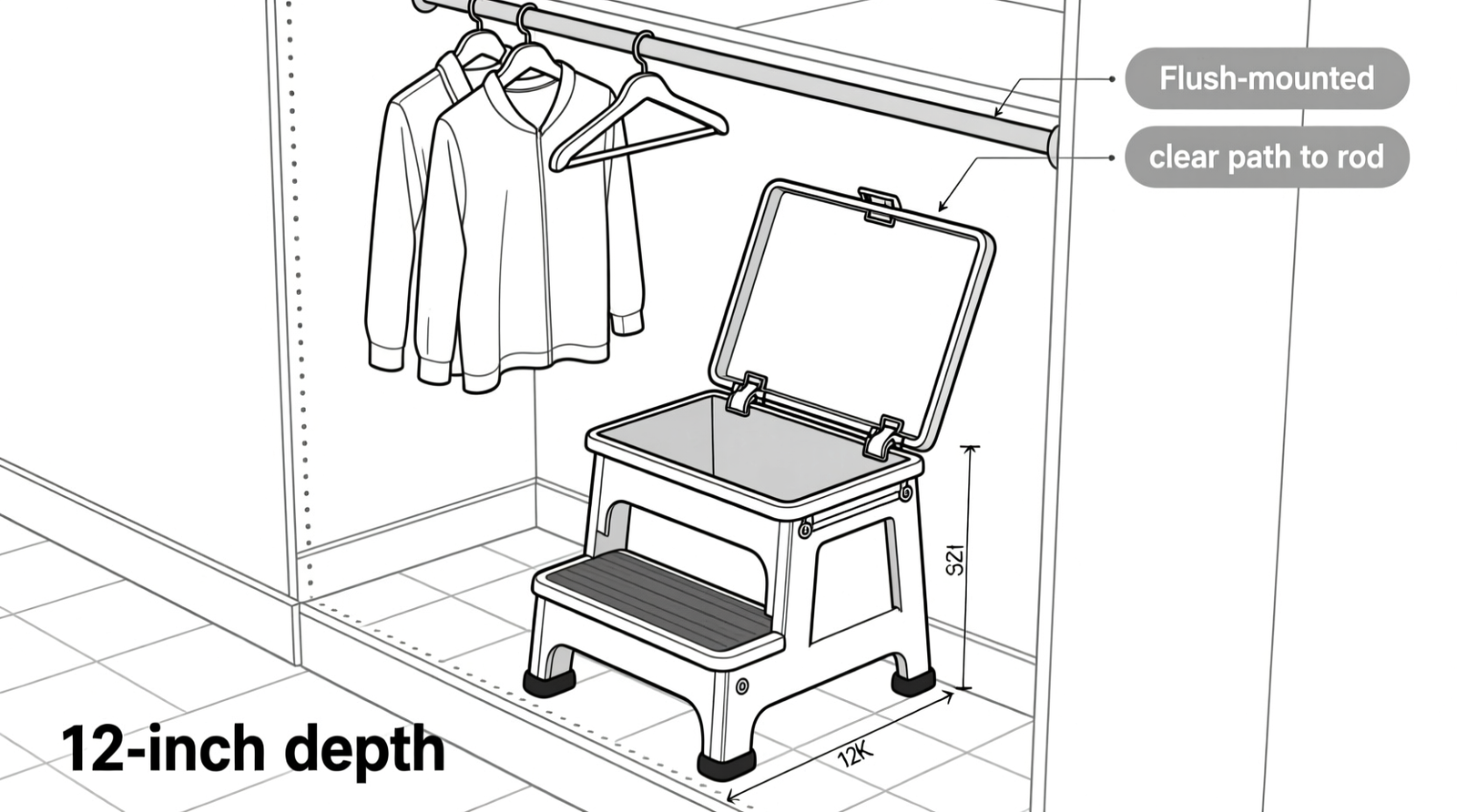A minimalist, matte-black wooden step stool with a shallow, recessed storage compartment beneath the top step; positioned flush against a white closet wall with labeled fabric bins on upper shelves and clear sightlines to hanging garments below