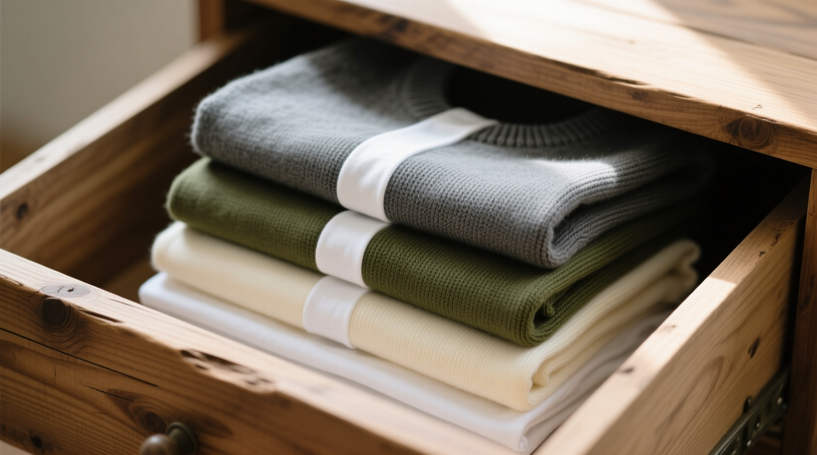 Three neatly file-folded sweaters stacked vertically in a shallow wooden drawer, separated by thin white cotton T-shirts folded lengthwise as soft spacers; no visible wrinkles or stretching at shoulders or hems