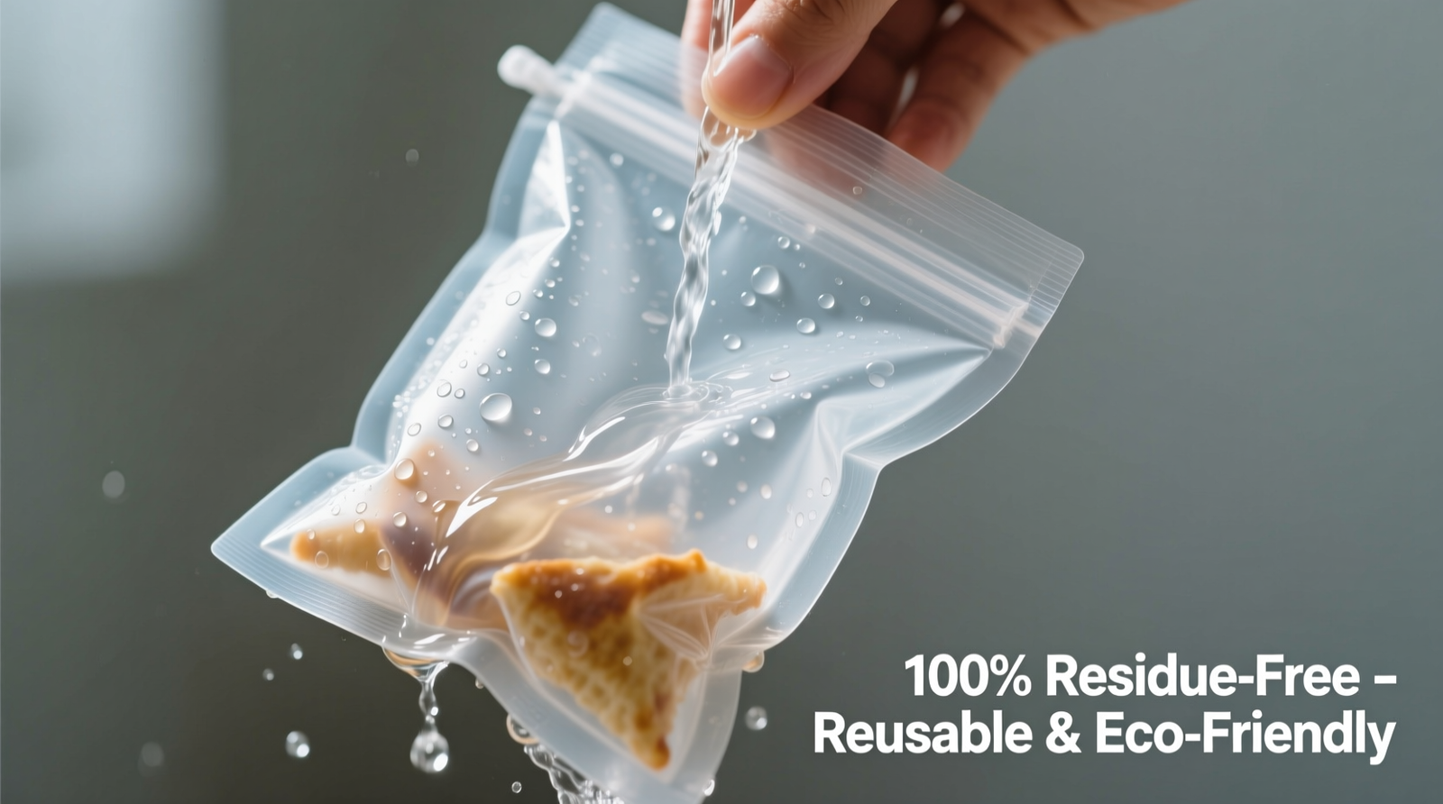 Close-up photo of a reusable silicone snack pouch being rinsed under a gentle stream of water while held fully open and inverted, showing light refraction through clean, residue-free material