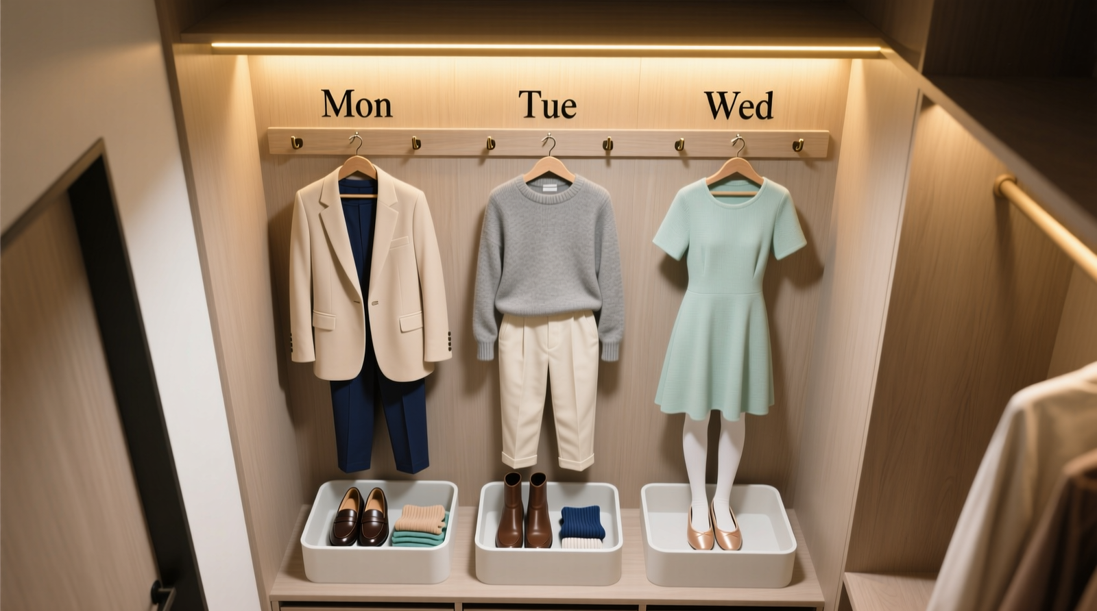 A narrow reach-in closet showing three clearly demarcated vertical zones: top section with fully assembled outfits on matte black hangers under warm amber LED strip; middle section with fabric bins labeled using raised-dot tactile tags; bottom section with foot-activated laundry bin and folded clean clothes in neutral-toned canvas bins