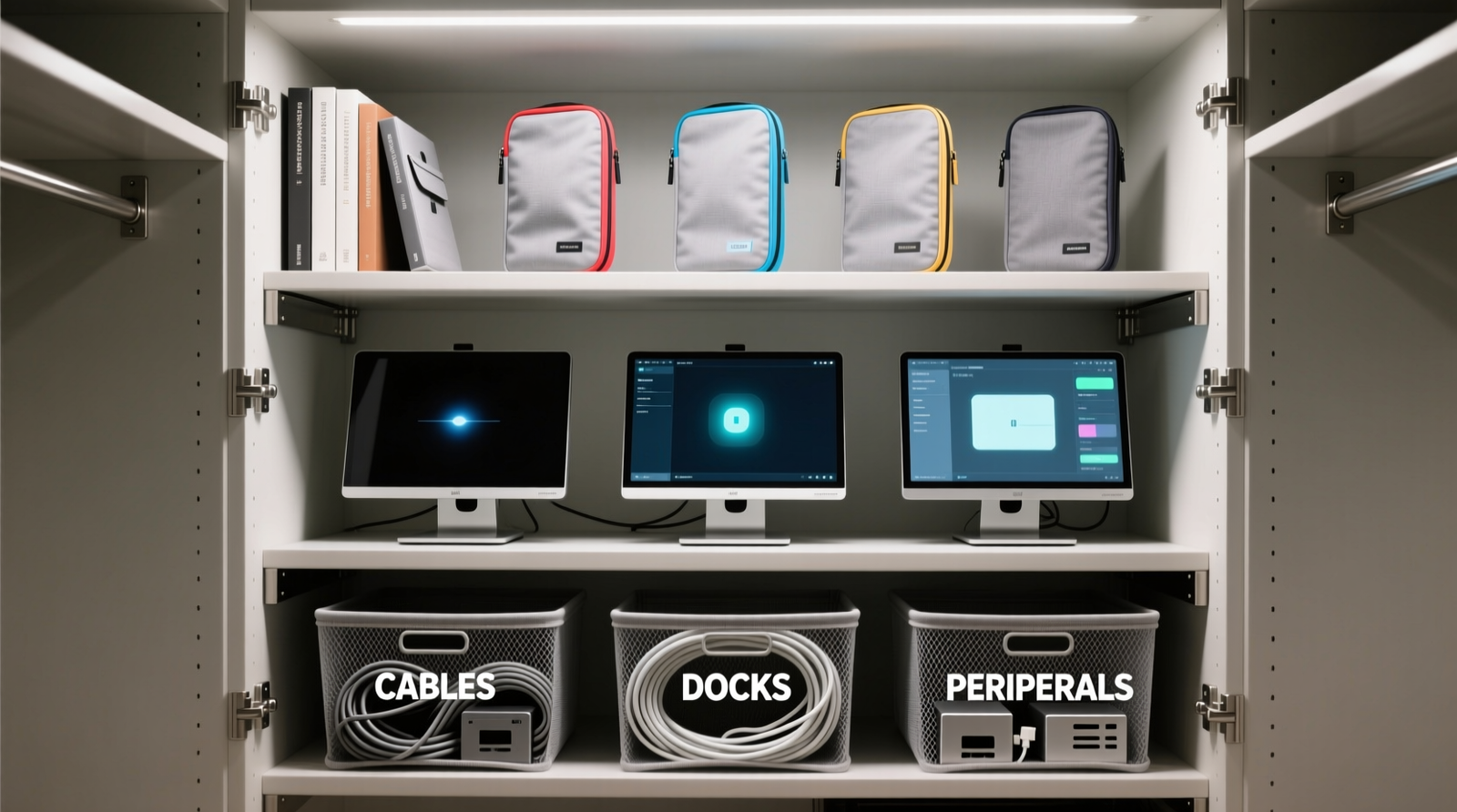 A narrow closet section showing three clearly defined vertical zones: top tier with six laptop sleeves standing upright like books, middle tier with three portable monitors displayed vertically on padded risers facing forward, bottom tier with three labeled, breathable mesh bins holding coiled cables and compact docks. All mounting hardware is low-profile and screw-anchored to shelf supports.