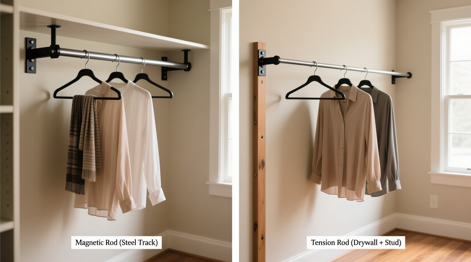 Side-by-side comparison showing a magnetic rod securely mounted on a visible steel closet track versus a tension rod braced between drywall and a wooden stud, both holding identical hangers with lightweight garments