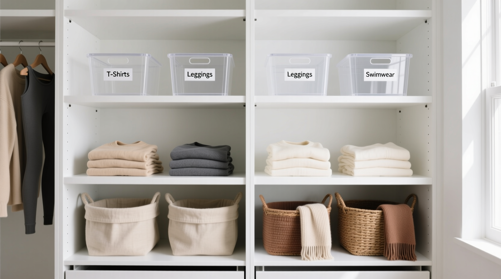 A minimalist closet with four clear acrylic bins on upper shelves holding folded t-shirts, leggings, and swimwear—each labeled in clean sans-serif font; lower shelves hold fabric-covered baskets for sweaters and scarves; no dust visible on surfaces