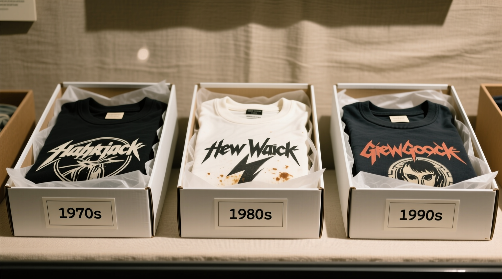 Three acid-free archival boxes labeled '1970s', '1980s', and '1990s', each containing neatly folded vintage band tees with visible collar alignment and interleaved white tissue paper