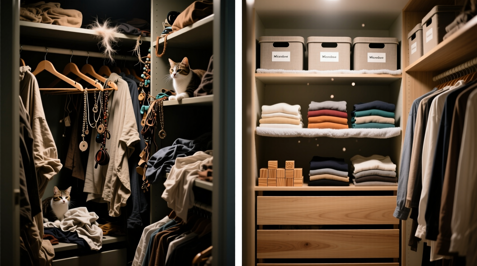Side-by-side comparison: a cluttered closet with visible cat hair on hangers and shelves versus an organized closet with lidded bins, cedar blocks, and microfiber-lined shelves—both photographed under identical lighting