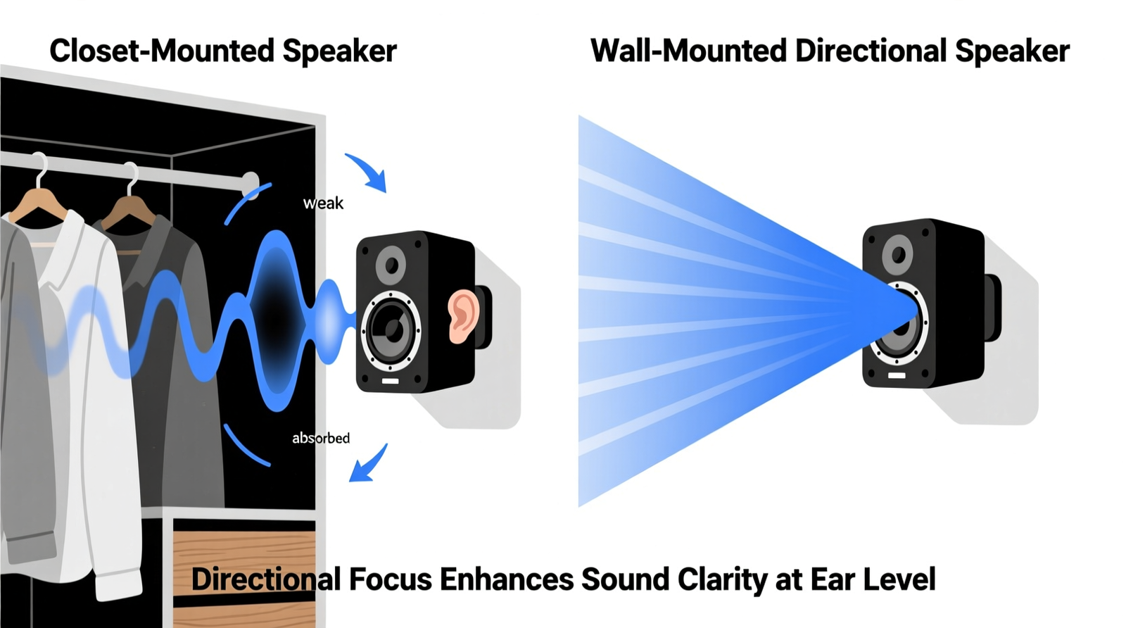 Side-by-side diagram showing sound wave propagation from a closet-mounted speaker (scattered, weak, absorbed) versus a wall-mounted directional speaker (focused, even, reaching ear level during dressing)