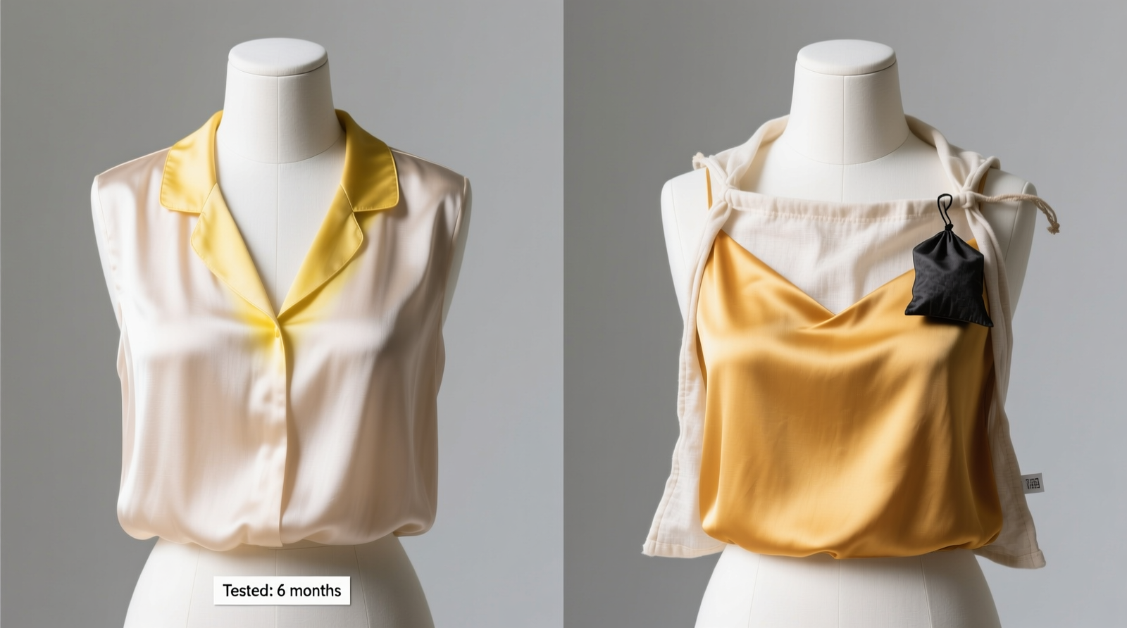 Side-by-side comparison: left shows silk blouse with subtle yellow halo near collar (diffuser-exposed); right shows identical blouse stored with activated charcoal and cotton bag (no discoloration, vibrant sheen preserved)
