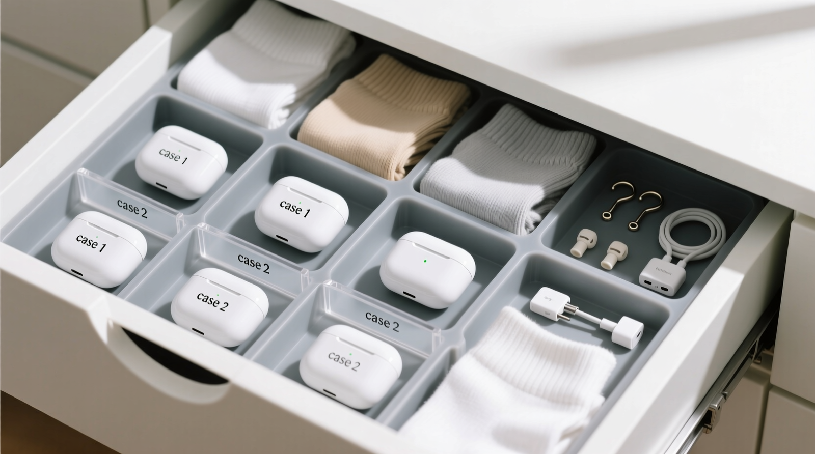 Close-up of three labeled, matte-finish silicone pouches mounted vertically on the inside of a closet door, each containing a closed wireless earbud charging case with visible lid alignment