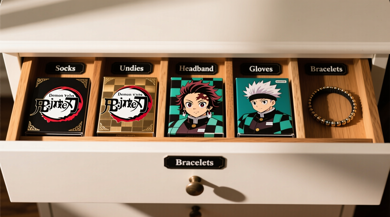 Top-down view of a white oak dresser drawer divided into five compartments using repurposed Demon Slayer and Jujutsu Kaisen box panels; each divider displays original embossed logos and crisp black ink labels reading 'Socks', 'Undies', 'Headbands', 'Gloves', 'Bracelets'