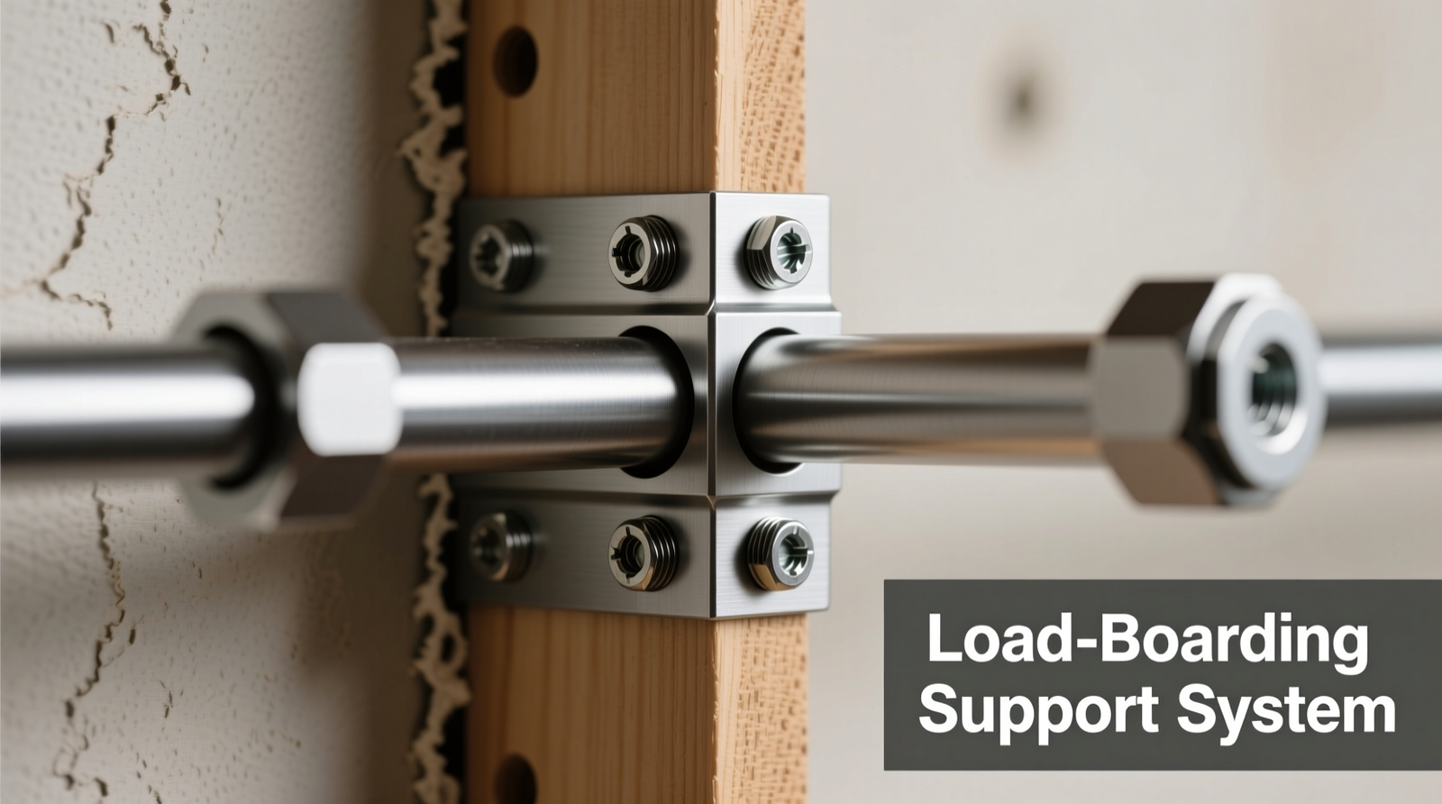 Close-up photo showing a properly installed center support bracket anchored into a wall stud, with a solid steel closet rod resting securely in heavy-duty end brackets and the center bracket—no visible gap or bend