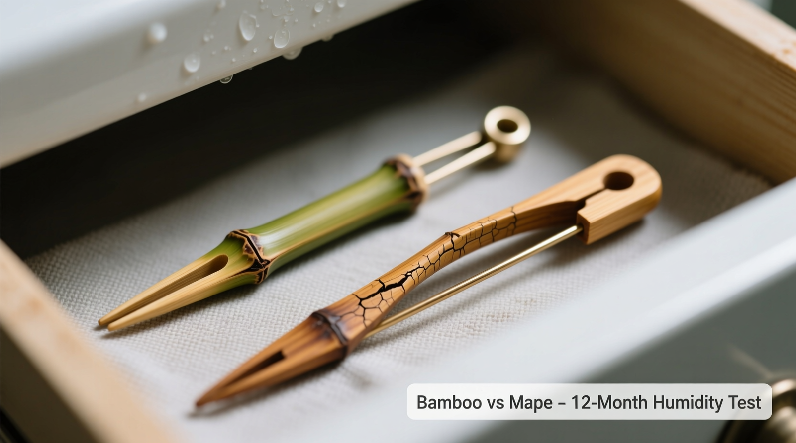 Side-by-side macro photography of bamboo and maple bobby pins after 12 months in identical humid bathroom drawers: bamboo retains straight tines and smooth finish; maple shows visible bowing, surface checking, and dulled grain