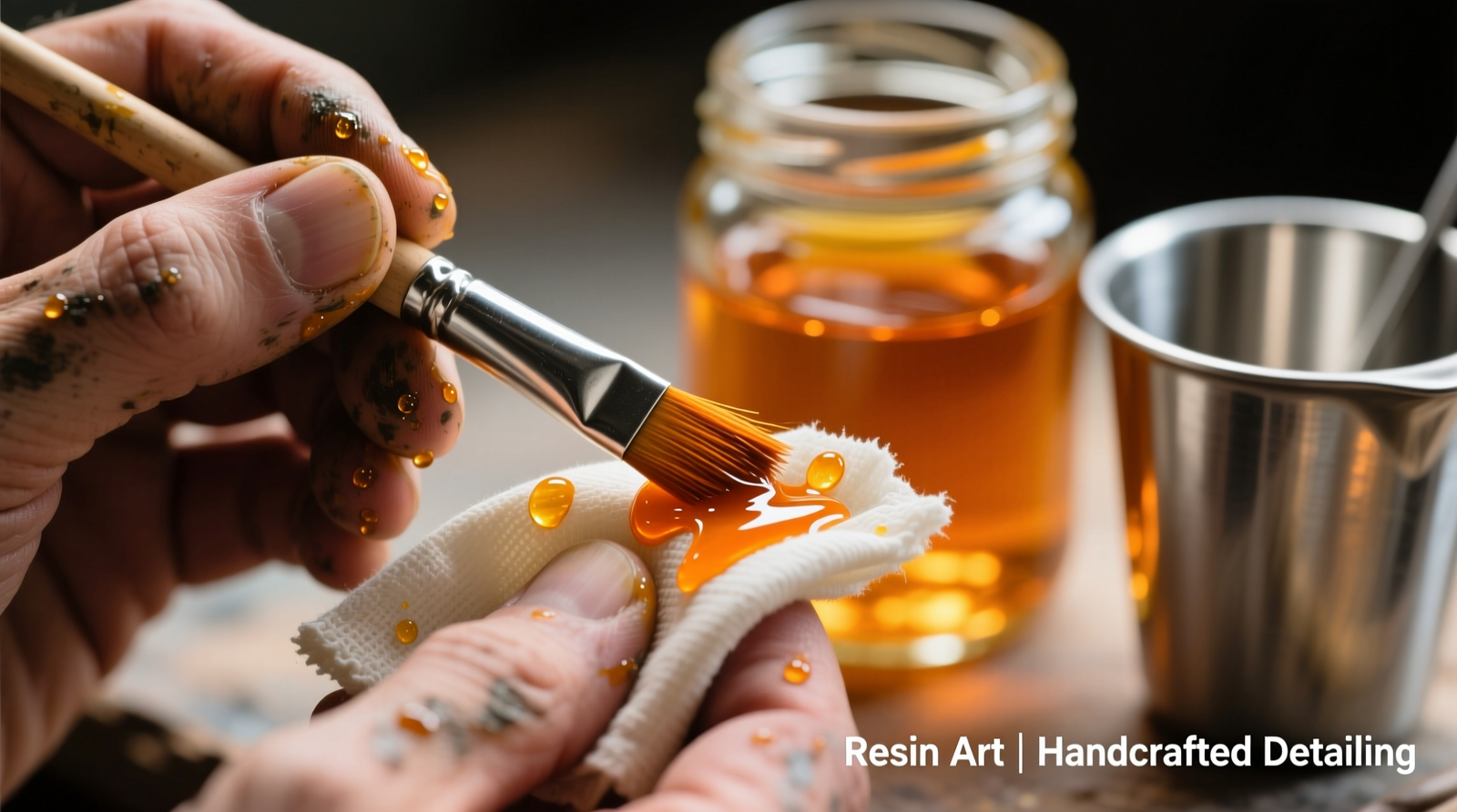 Close-up of a resin artist's hand using an orange-oil-soaked lint-free cloth to gently wipe resin from a fine-detail brush, with a glass jar of amber-colored orange oil and stainless-steel mixing cup visible in background