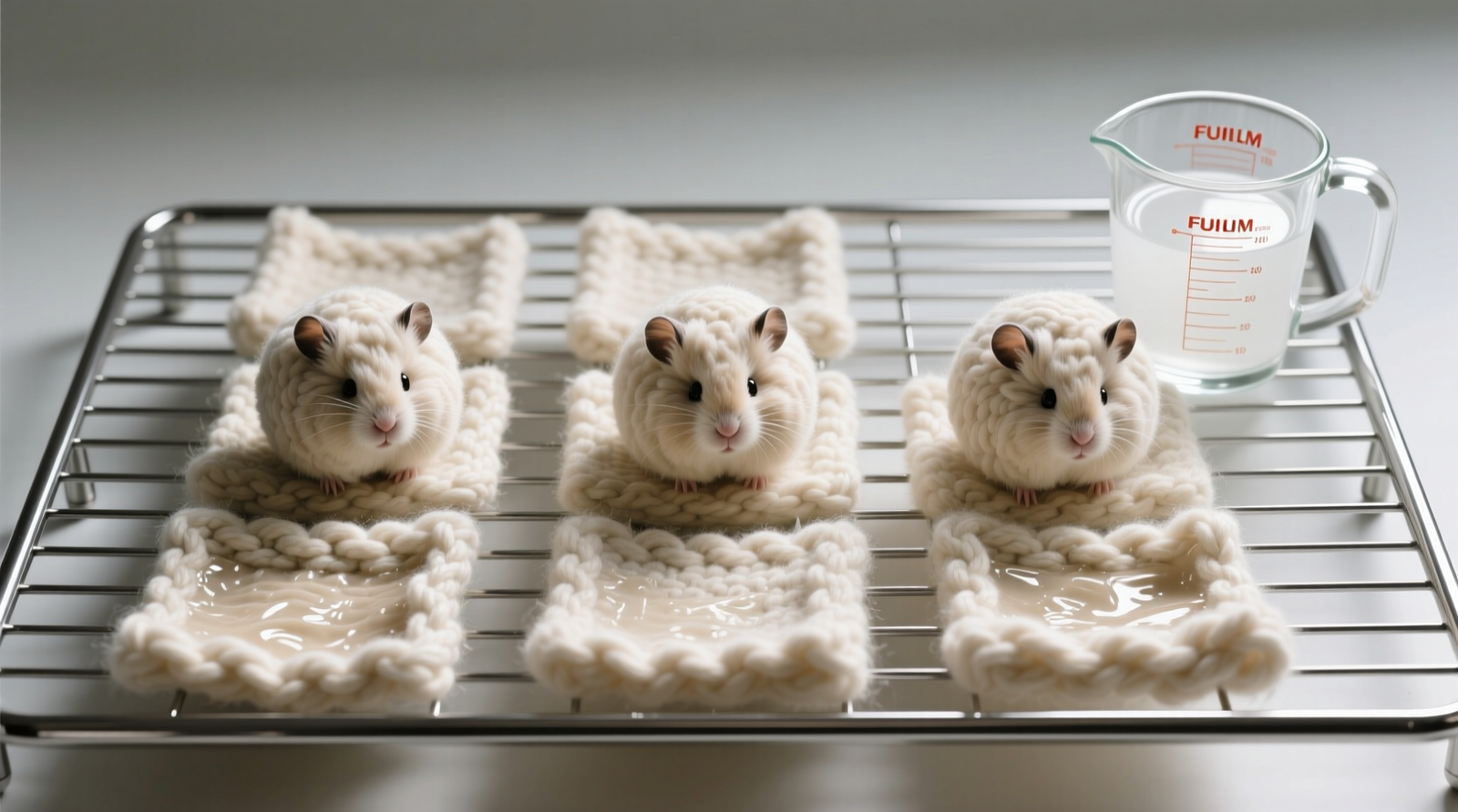 Close-up photo of three natural wool dryer balls nestled among freshly dried, textured guinea pig fleece liners laid flat on a stainless steel drying rack—no wrinkles, no shine, no visible residue