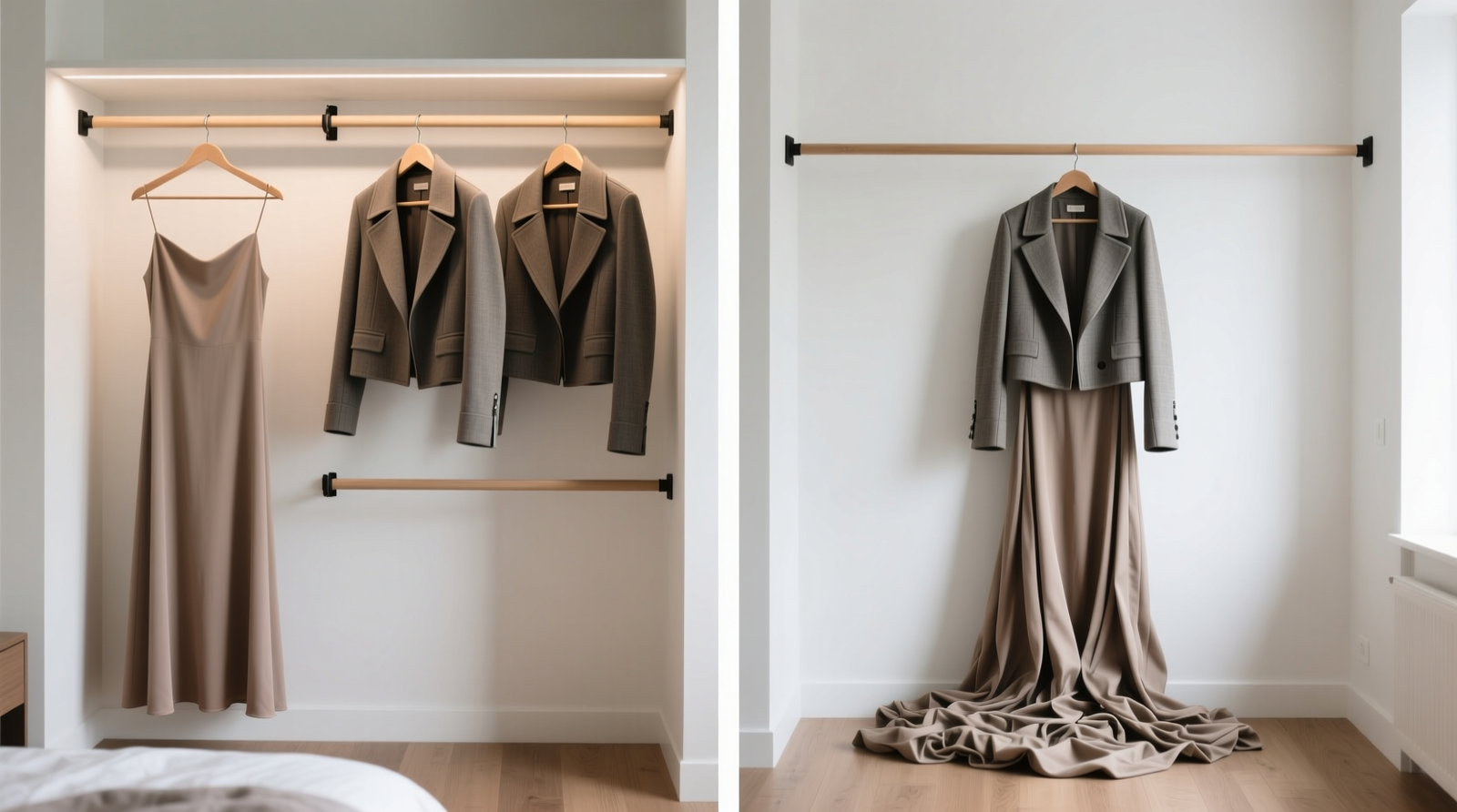 Side-by-side closet comparison: left shows adjustable dual rods—one at 74 inches holding a flowing maxi dress with clean floor clearance, the other at 52 inches displaying three structured cropped jackets with visible lapels and no hanger overlap; right shows a single fixed rod at 66 inches where the maxi dress pools on the floor and cropped jackets hang limply below waist level