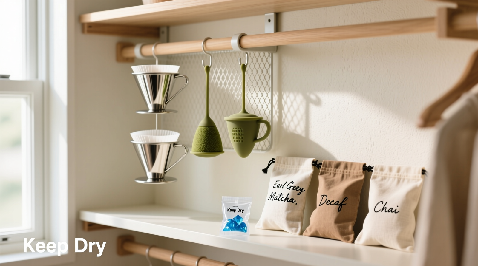 A well-lit closet interior showing stainless steel coffee filters and silicone-covered tea infusers suspended vertically in a wall-mounted, open-weave mesh organizer, with labeled linen pouches and a small, unopened silica gel packet visible on the adjacent shelf