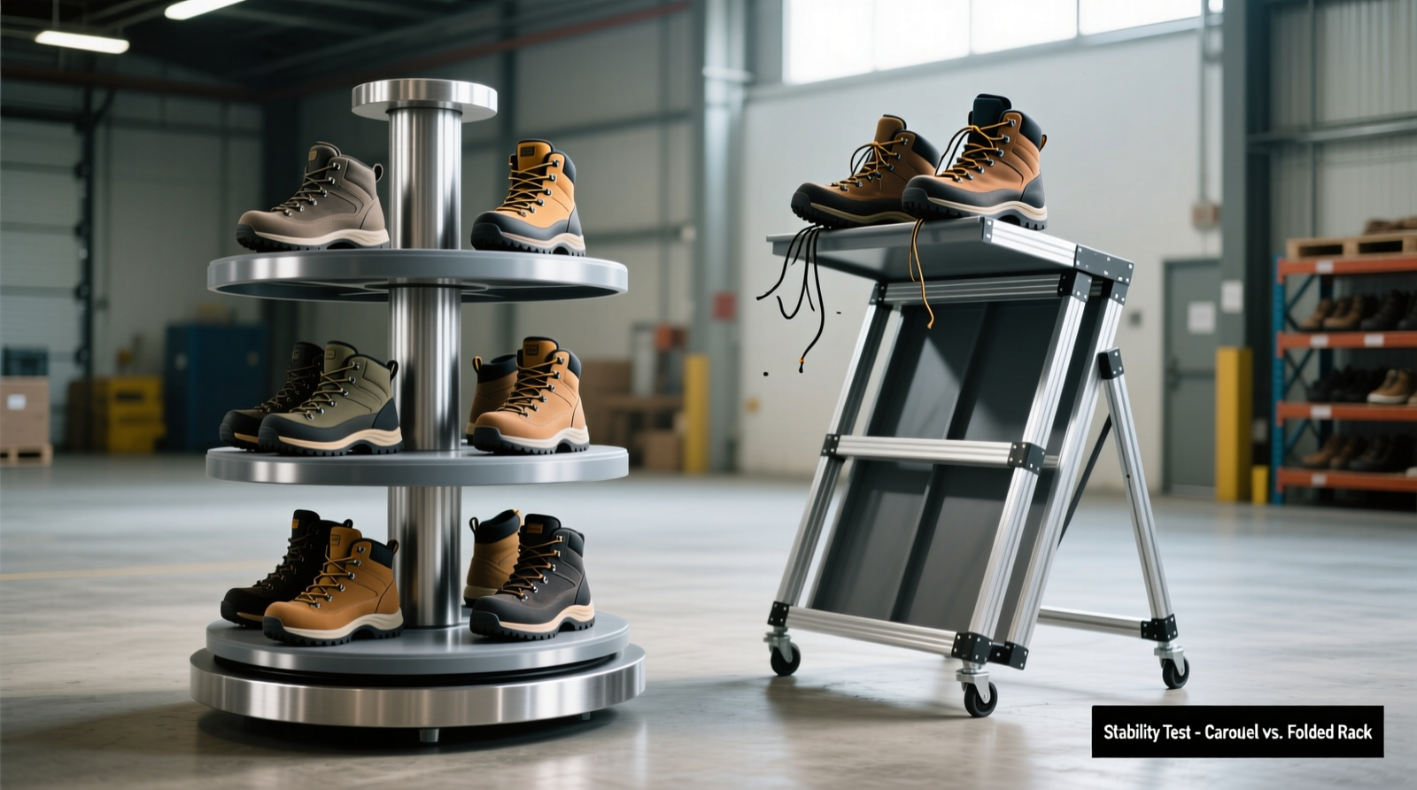 Side-by-side comparison: a steel-based rotating carousel with 4-tier ABS shelves holding rugged hiking boots, next to a folded aluminum rack with two boots slipping off its top tier due to visible forward tilt