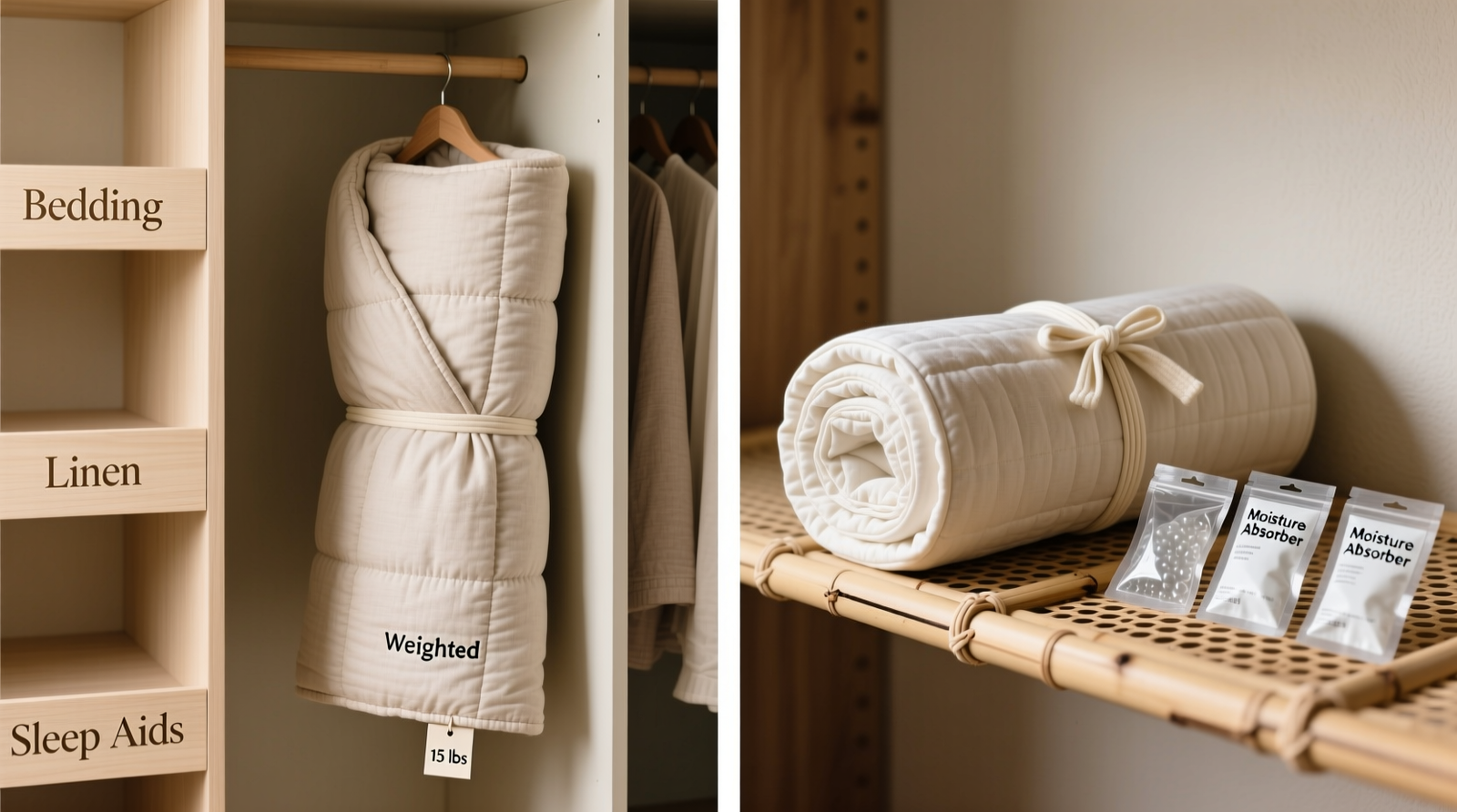 Side-by-side visual: left shows a weighted blanket loosely rolled in a natural cotton sleeve, standing upright in a closet with labeled shelf dividers; right shows a cooling mattress topper rolled with end-caps secured by soft cotton ties, placed horizontally on a ventilated shelf beside silica gel packets