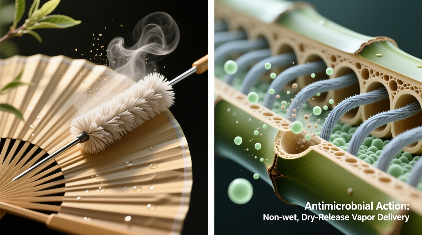 Side-by-side visual: left shows extendable microfiber duster gliding along bamboo fan blade with light tea tree mist hovering just above surface; right shows cross-section diagram highlighting how microfiber fibers lift dust from bamboo pores while mist vapors settle antimicrobial compounds without saturating the material