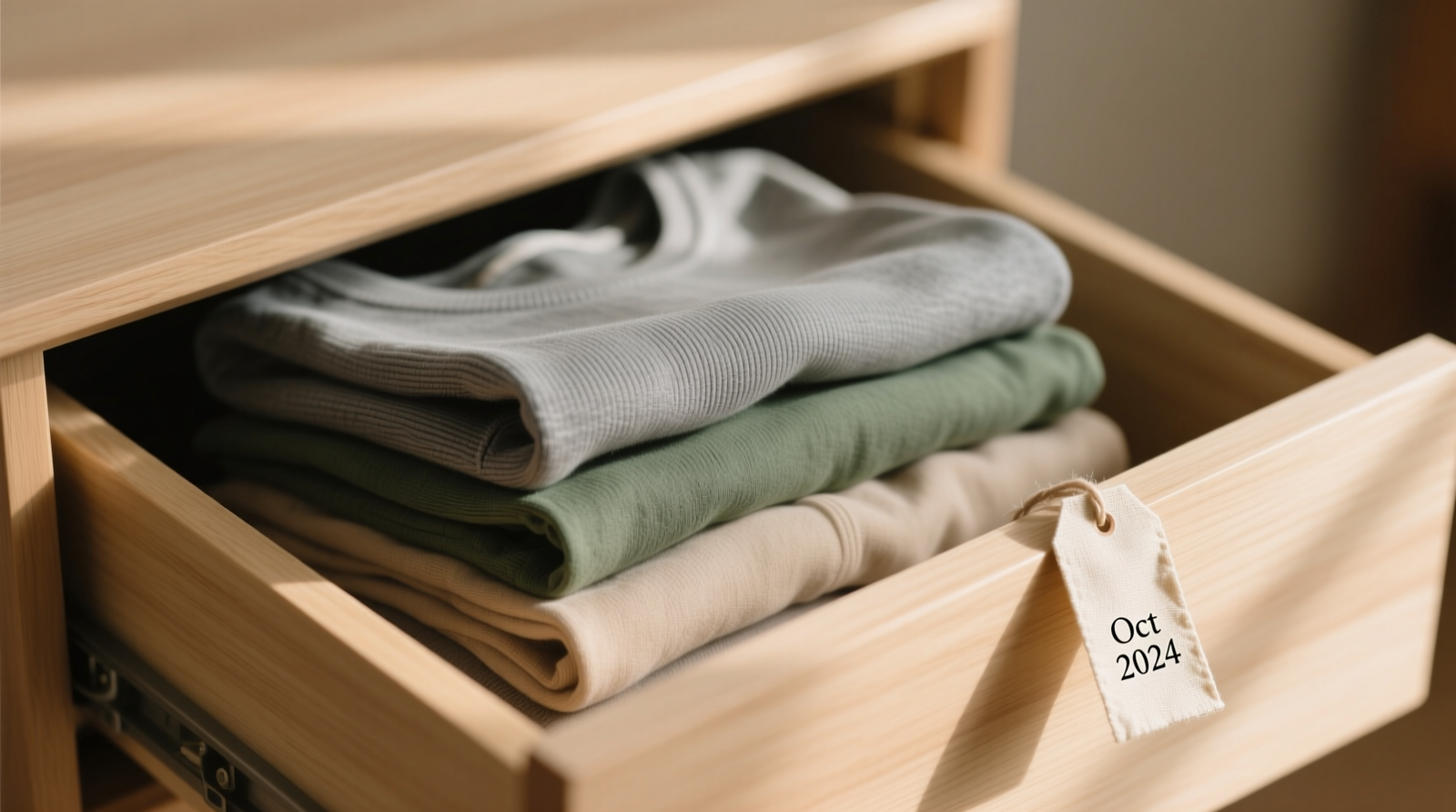 A shallow, light-wood drawer partially open, revealing folded mental health apparel in muted tones—soft gray, sage, oat—each piece neatly stacked with a small linen tag reading 'Oct 2024' in minimalist font. No logos dominate; texture and quiet cohesion are emphasized.
