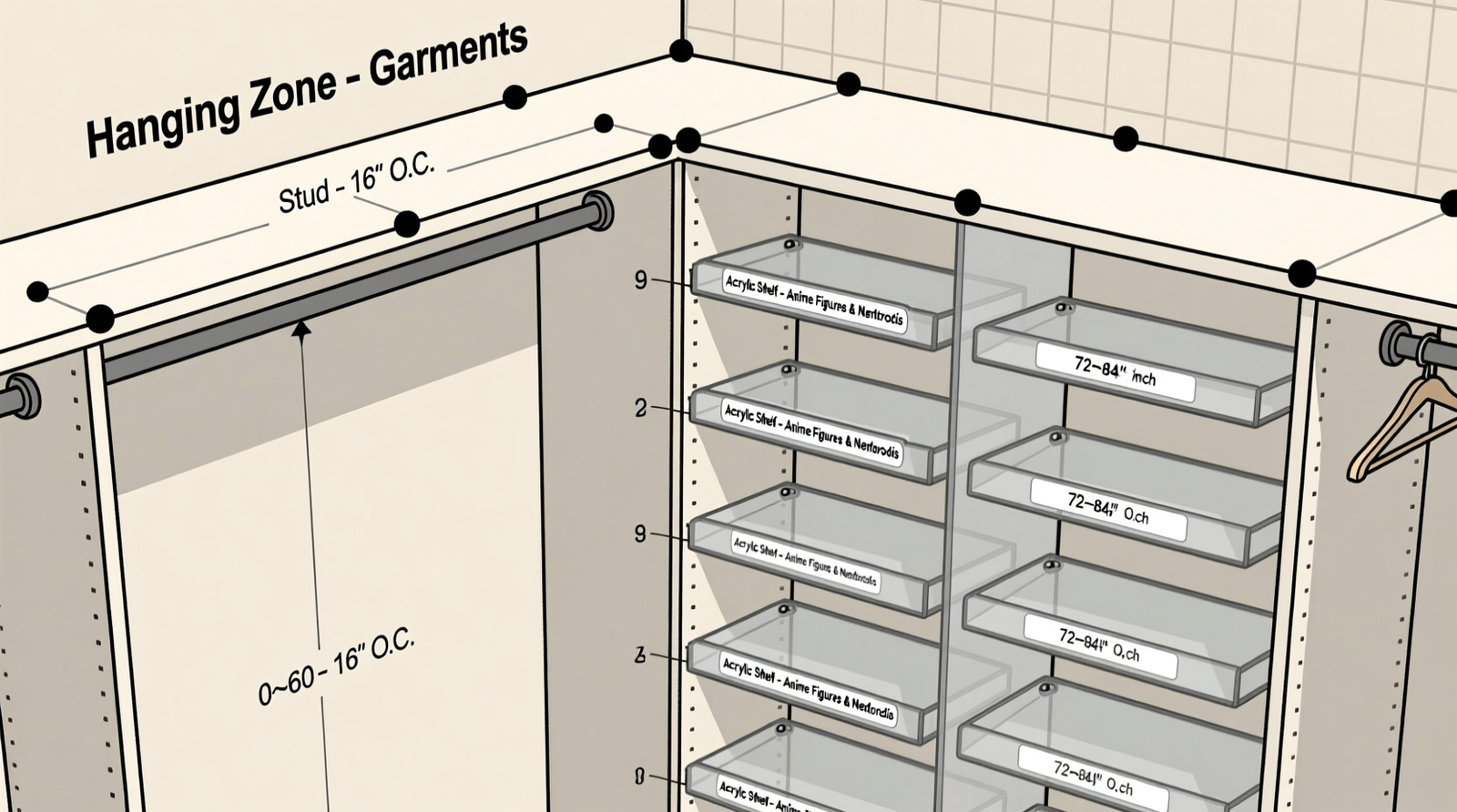 A narrow reach-in closet showing left-side floating black shelves holding three anime figures and one framed poster, right side fully dedicated to color-coordinated hanging clothes with double-tier rods, floor clear except for a low-profile shoe rack