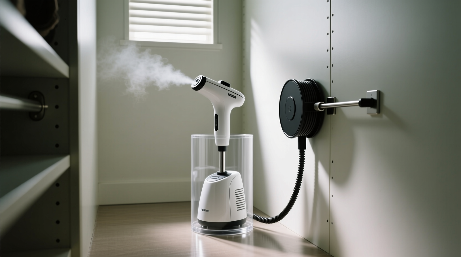 Close-up of a narrow closet interior showing a white portable steamer standing upright in a clear acrylic sleeve mounted to the floor, with a black retractable cord reel mounted at waist height on the adjacent panel; cord is fully retracted, and a slim magnetic wand clip holds the steam nozzle neatly against the sleeve