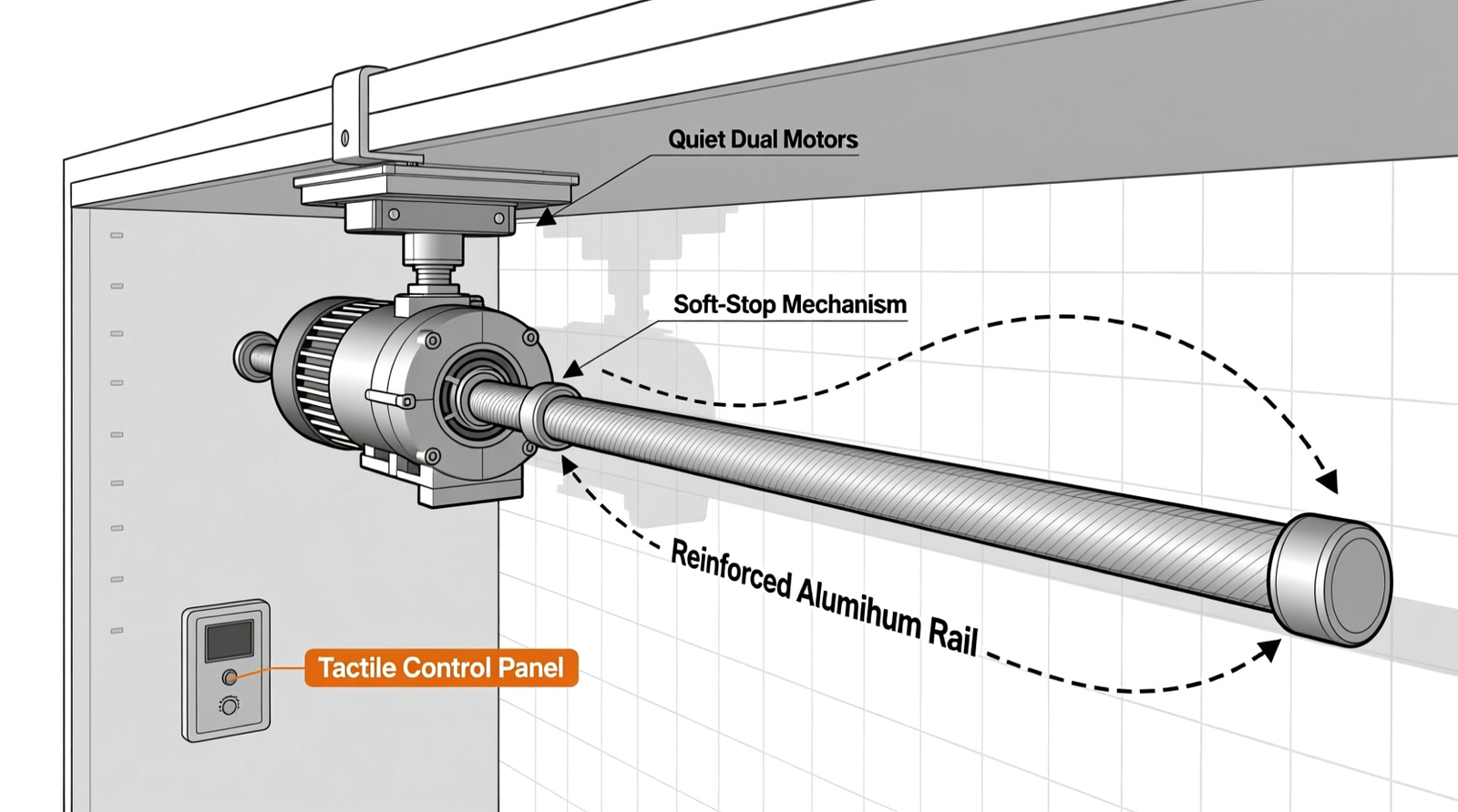 Side-view schematic of a motorized closet rod lowering smoothly from ceiling track to seated-access height (36 inches), with labeled components: quiet dual motors, soft-stop mechanism, tactile control panel, and reinforced aluminum rail
