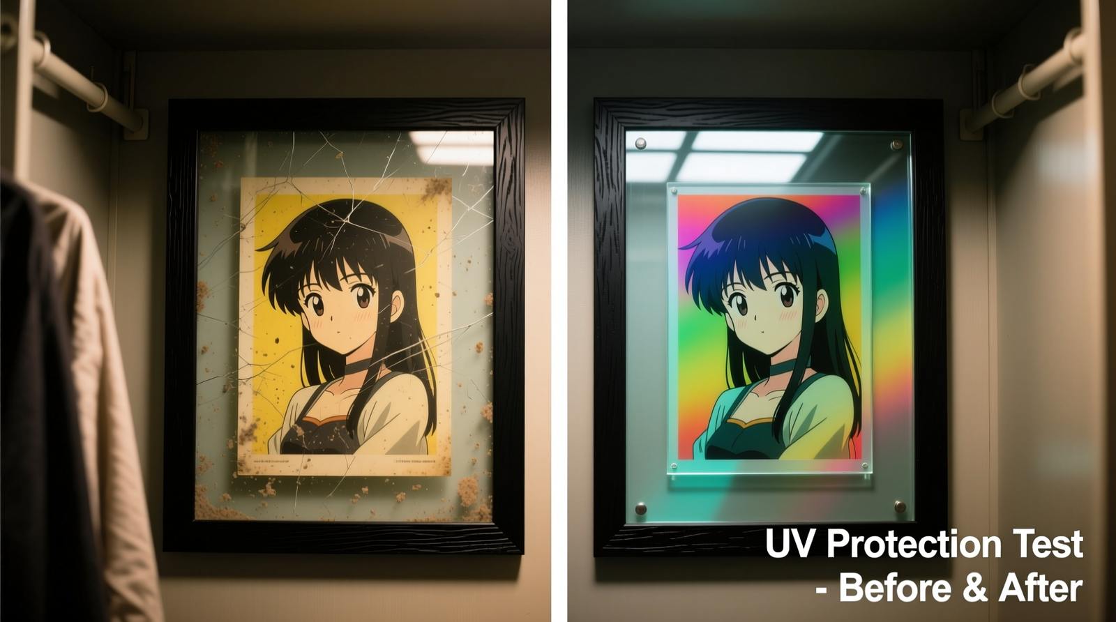 Side-by-side comparison: anime art print behind untreated glass (faded, discolored) vs. identical print behind UV-blocking acrylic in a shaded closet (vibrant, crisp colors)